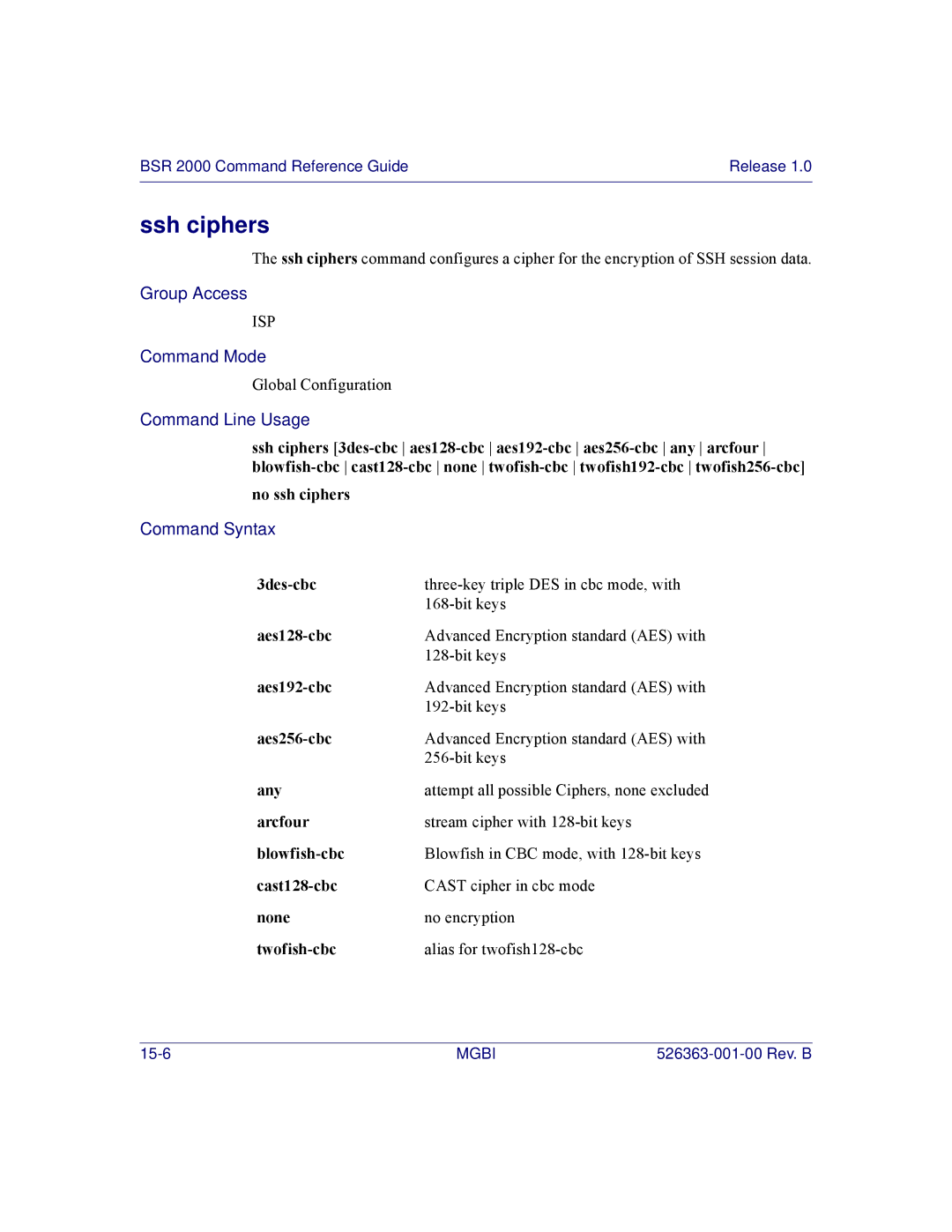 Motorola BSR 2000 manual Ssh ciphers 