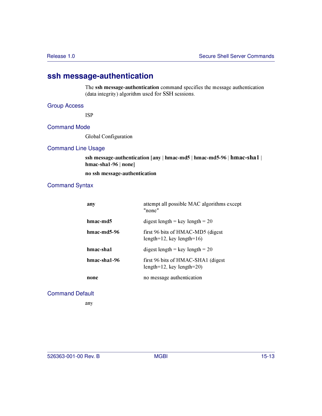 Motorola BSR 2000 manual Ssh message-authentication, Hmac-md5-96, Hmac-sha1-96 