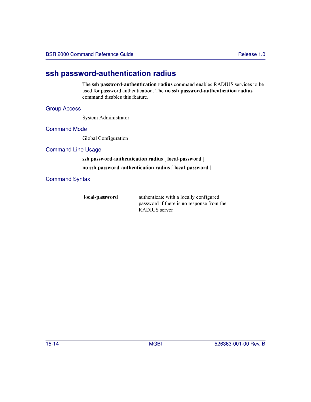 Motorola BSR 2000 manual Ssh password-authentication radius, Local-password 