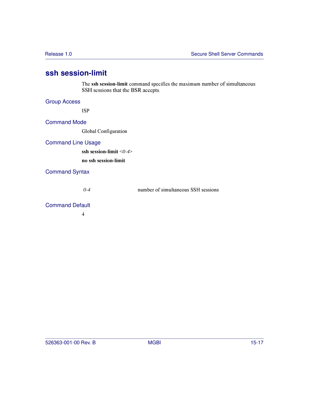 Motorola BSR 2000 manual Ssh session-limit 0-4no ssh session-limit 