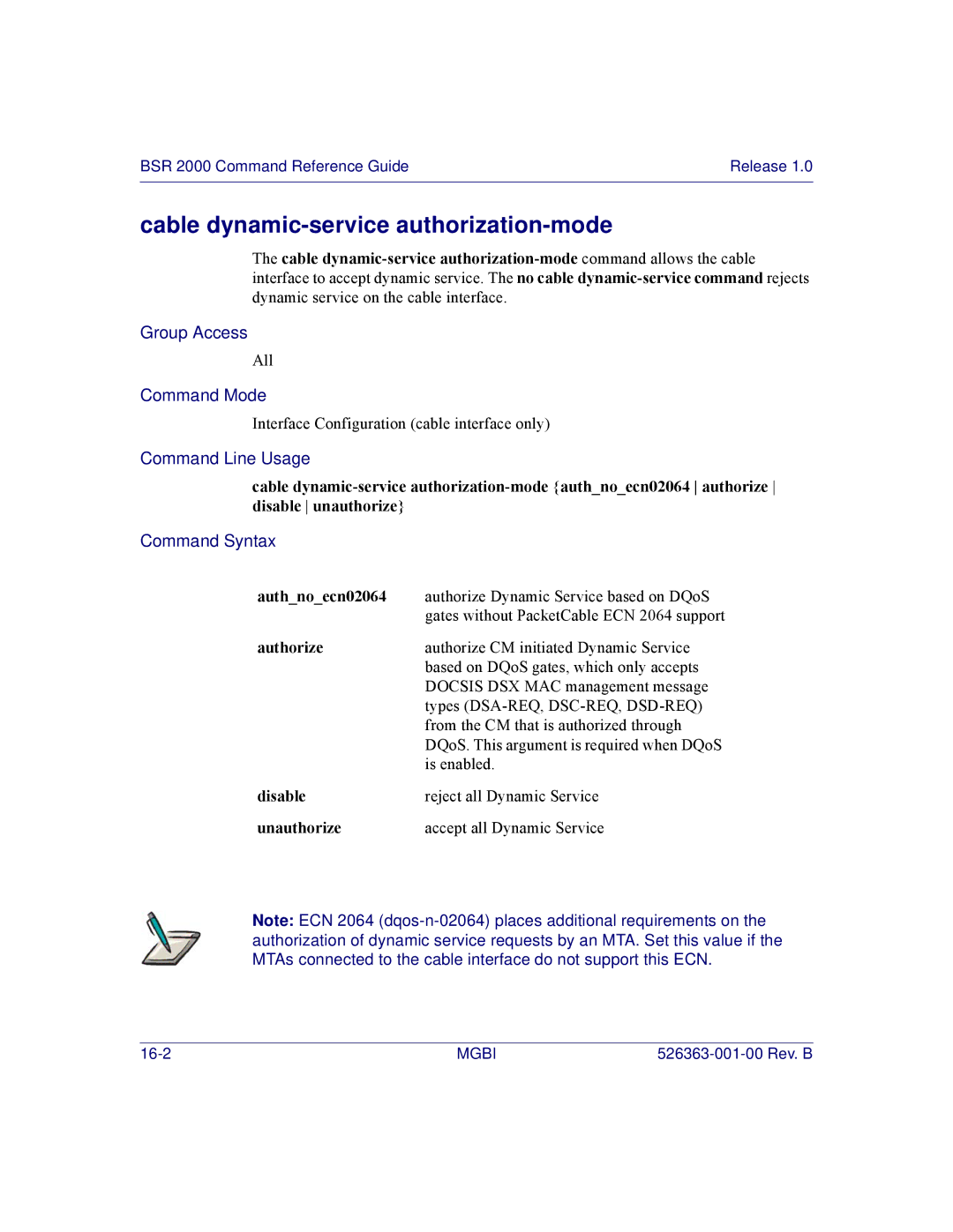 Motorola BSR 2000 manual Cable dynamic-service authorization-mode, Authnoecn02064, Authorize, Unauthorize 