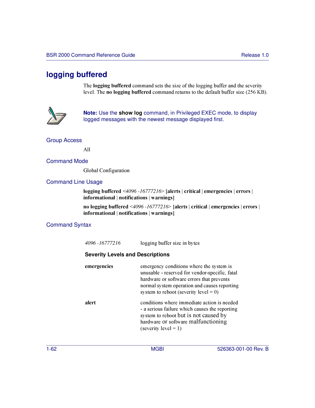 Motorola BSR 2000 manual Logging buffered, Emergencies, Alert 