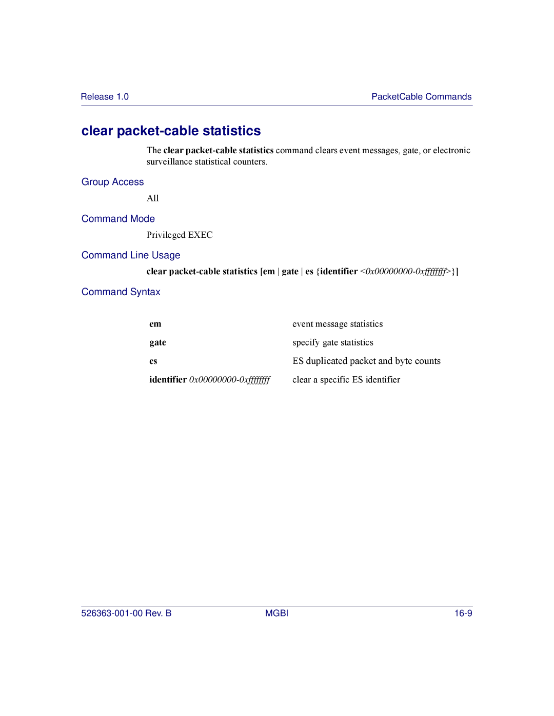 Motorola BSR 2000 manual Clear packet-cable statistics, Gate 