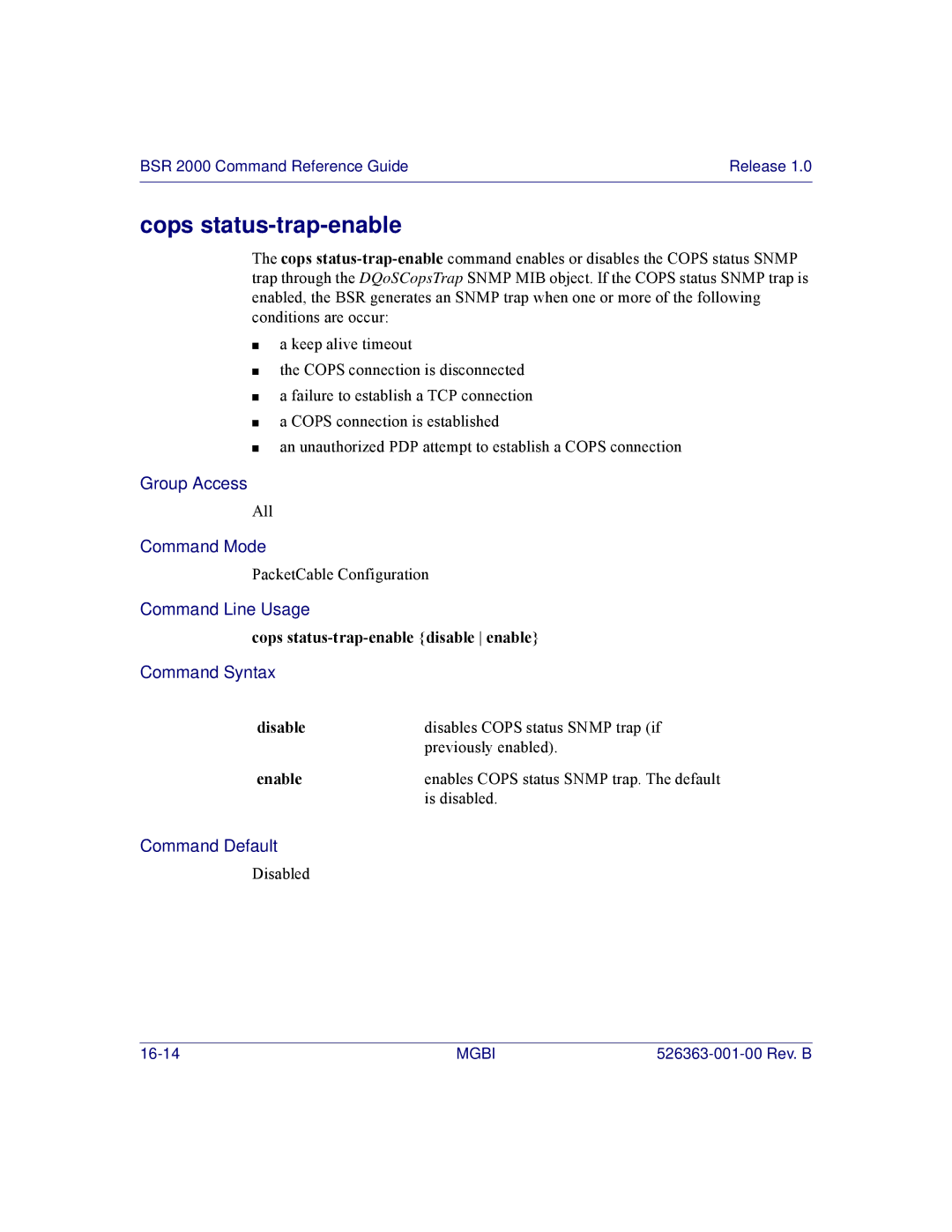 Motorola BSR 2000 manual Cops status-trap-enable disable enable 