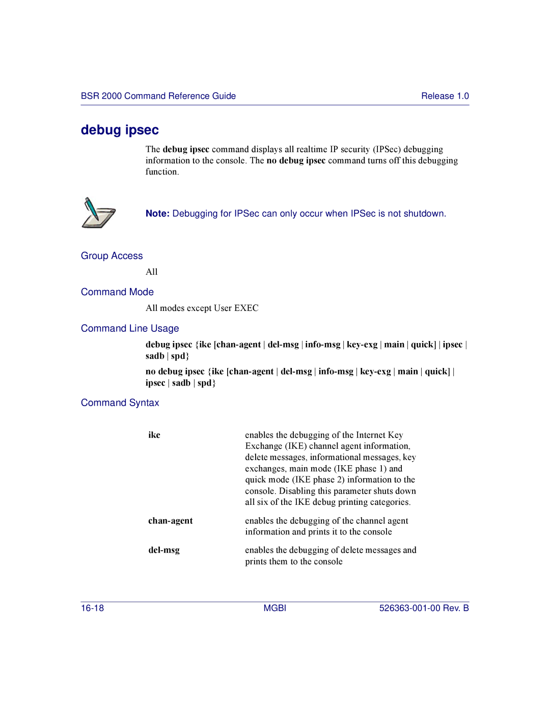 Motorola BSR 2000 manual Debug ipsec, Ike, Del-msg 