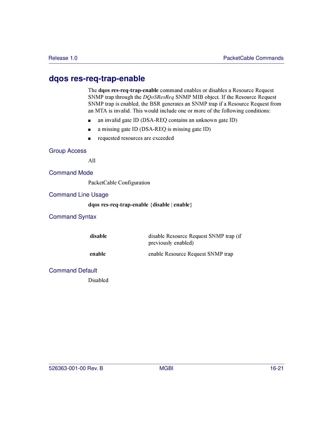 Motorola BSR 2000 manual Dqos res-req-trap-enable disable enable, Enable Enable Resource Request Snmp trap 