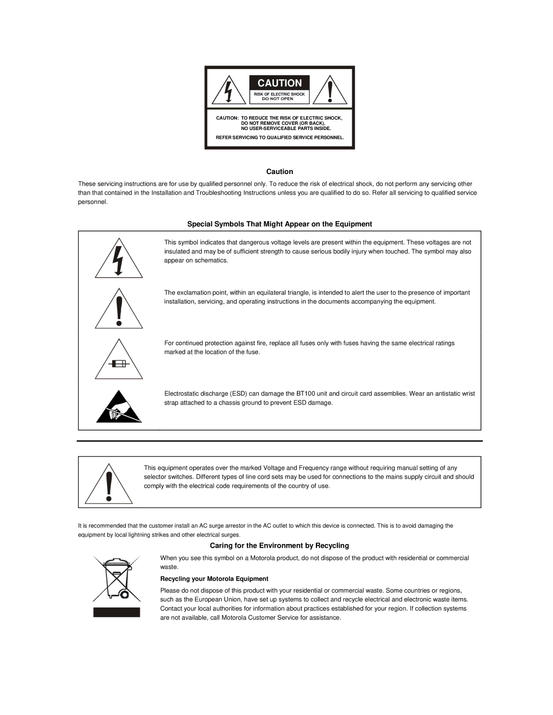 Motorola BT100 operation manual Special Symbols That Might Appear on the Equipment 