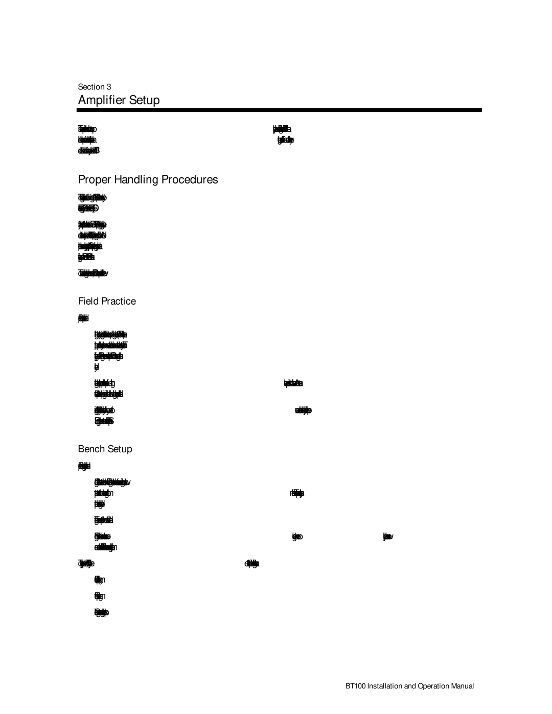 Motorola BT100 operation manual Amplifier Setup, Proper Handling Procedures, Field Practice, Bench Setup 