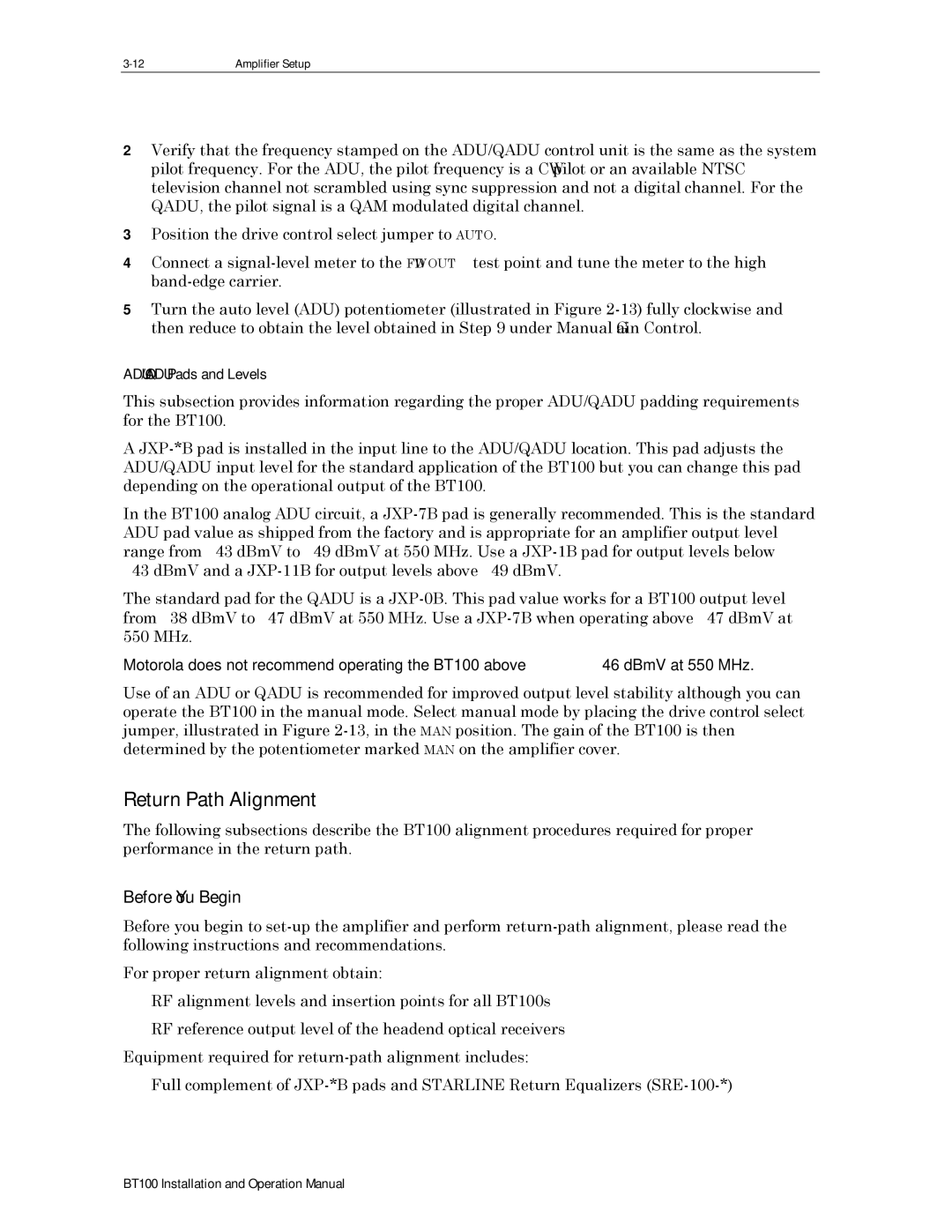 Motorola BT100 operation manual Return Path Alignment, ADU/QADU Pads and Levels 