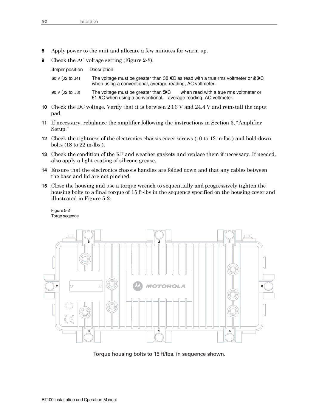 Motorola BT100 operation manual Jumper position Description, Torque sequence 