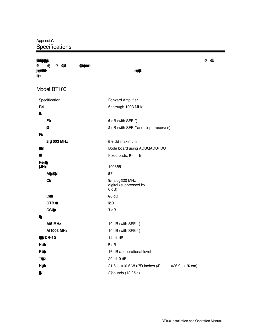 Motorola operation manual Specifications, Model BT100, Forward Amplifier 