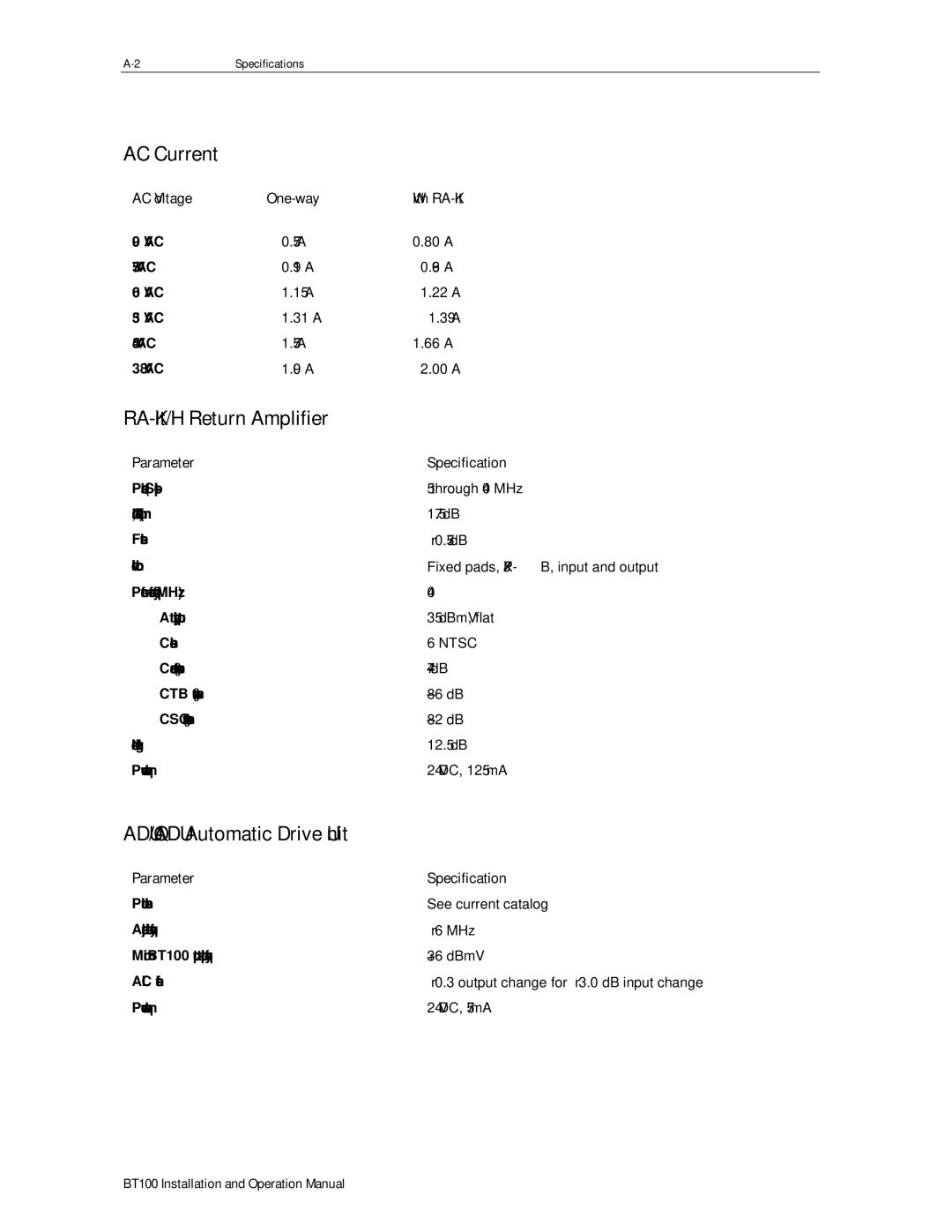 Motorola BT100 operation manual AC Current, RA-Kit/H Return Amplifier, ADU/QADU Automatic Drive Unit, AC Voltage One-way 