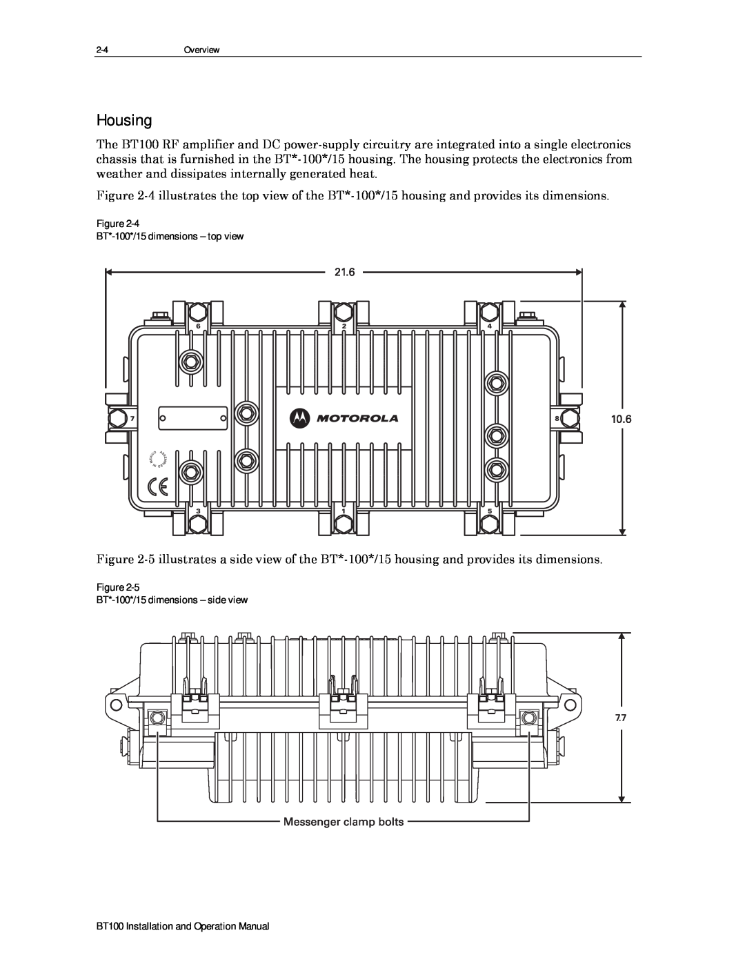 Motorola BT100 operation manual Housing, Figure BT*-100*/15dimensions - top view, Figure BT*-100*/15dimensions - side view 