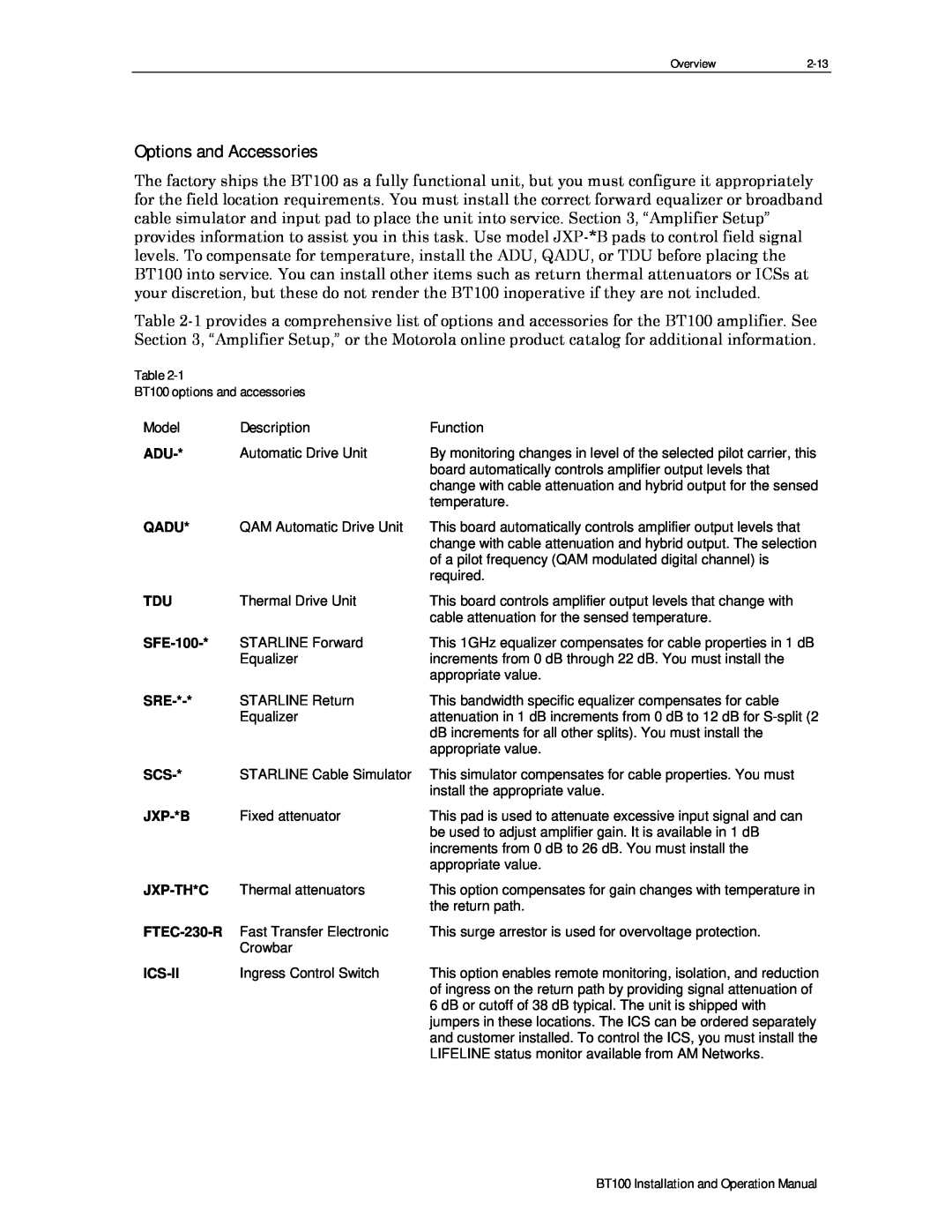 Motorola BT100 operation manual Options and Accessories, Model, Description, Function 