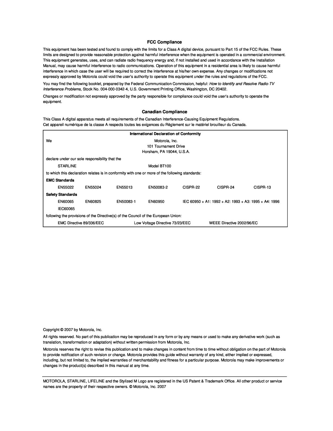 Motorola BT100 operation manual FCC Compliance, Canadian Compliance, International Declaration of Conformity, EMC Standards 