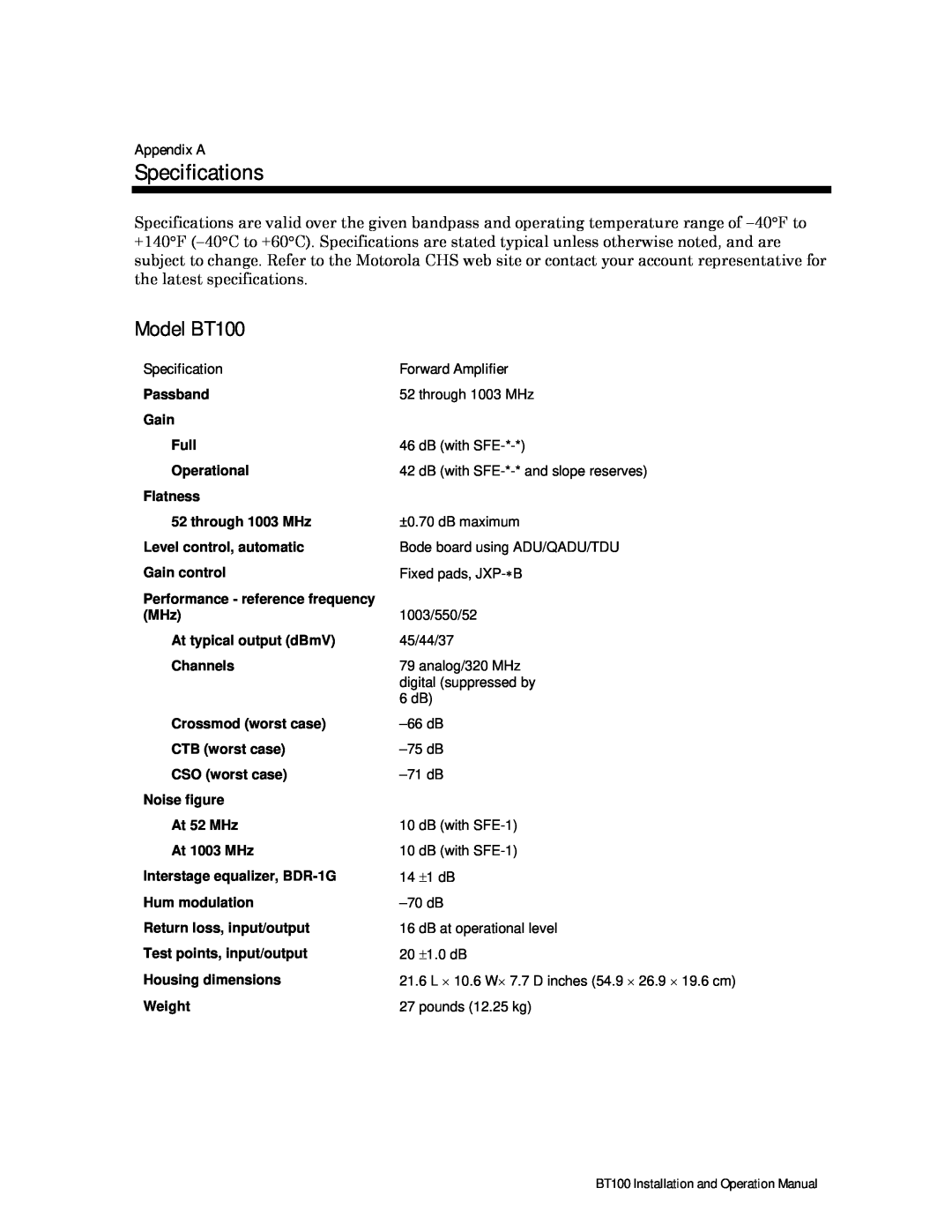 Motorola operation manual Specifications, Model BT100, Forward Amplifier, Appendix A 