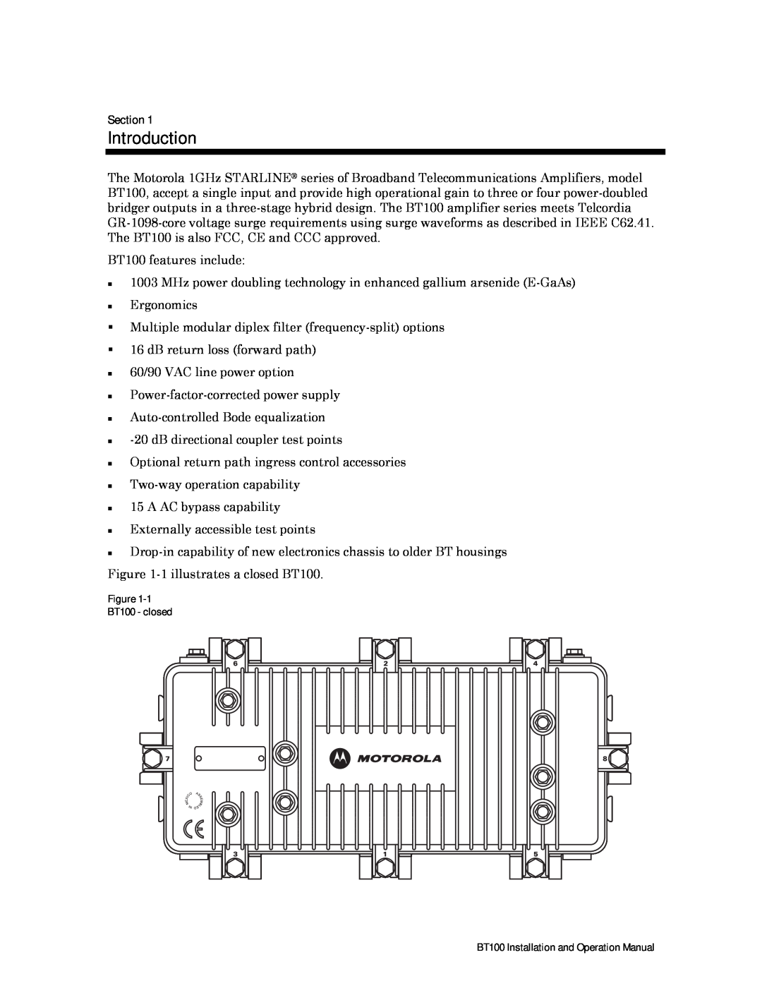 Motorola BT100 operation manual Introduction, Section 