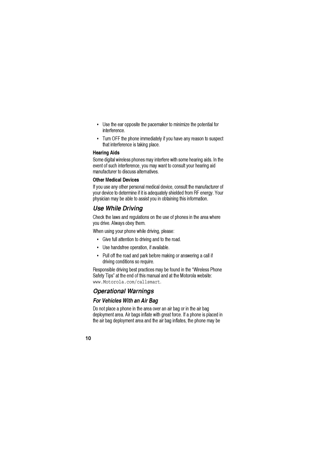 Motorola C115 manual For Vehicles With an Air Bag, Hearing Aids, Other Medical Devices 