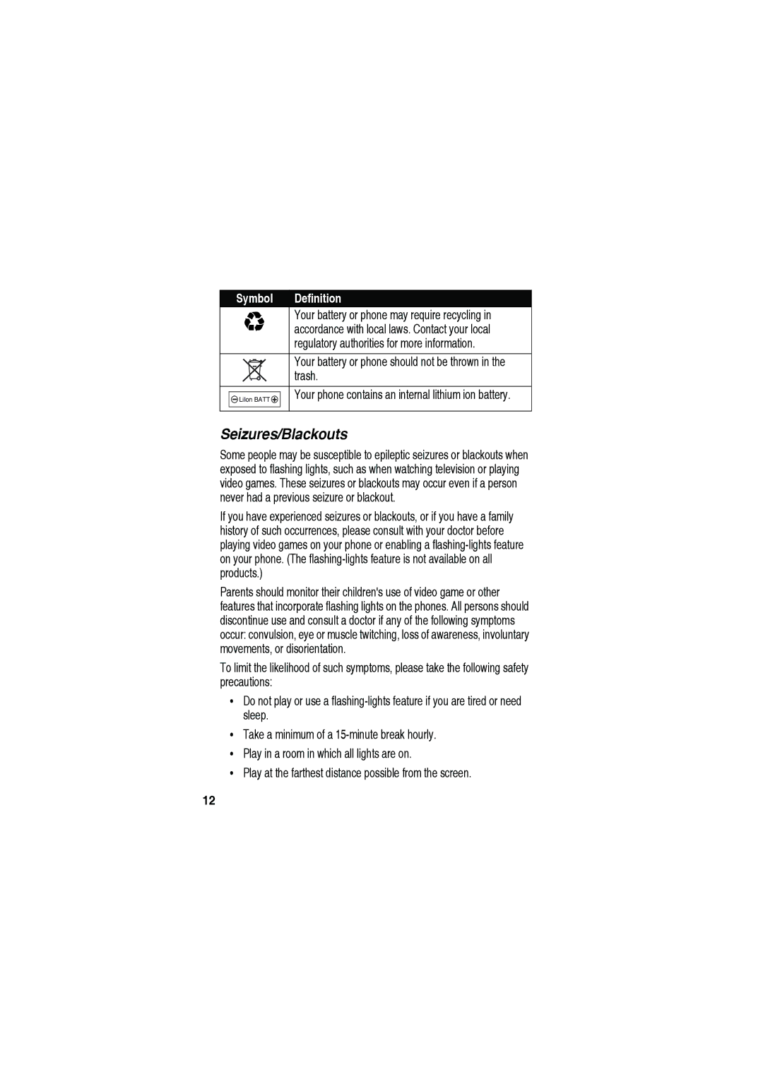 Motorola C115 manual Seizures/Blackouts, Symbol Definition 