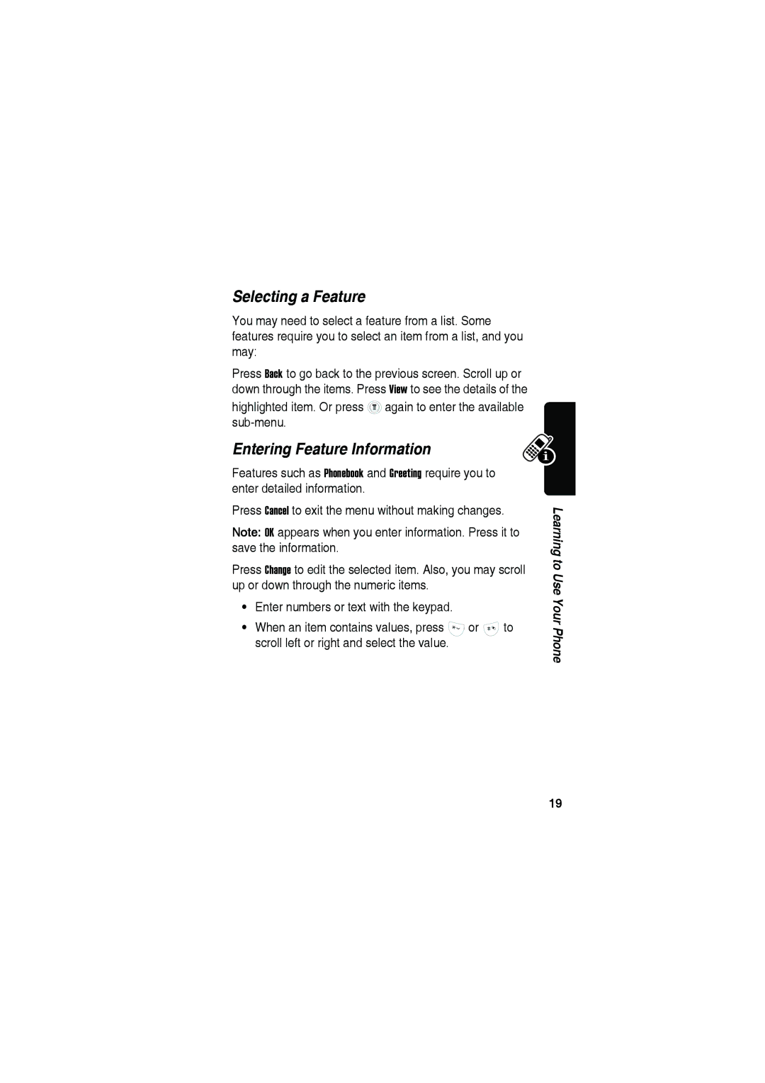 Motorola C115 manual Selecting a Feature, Entering Feature Information 