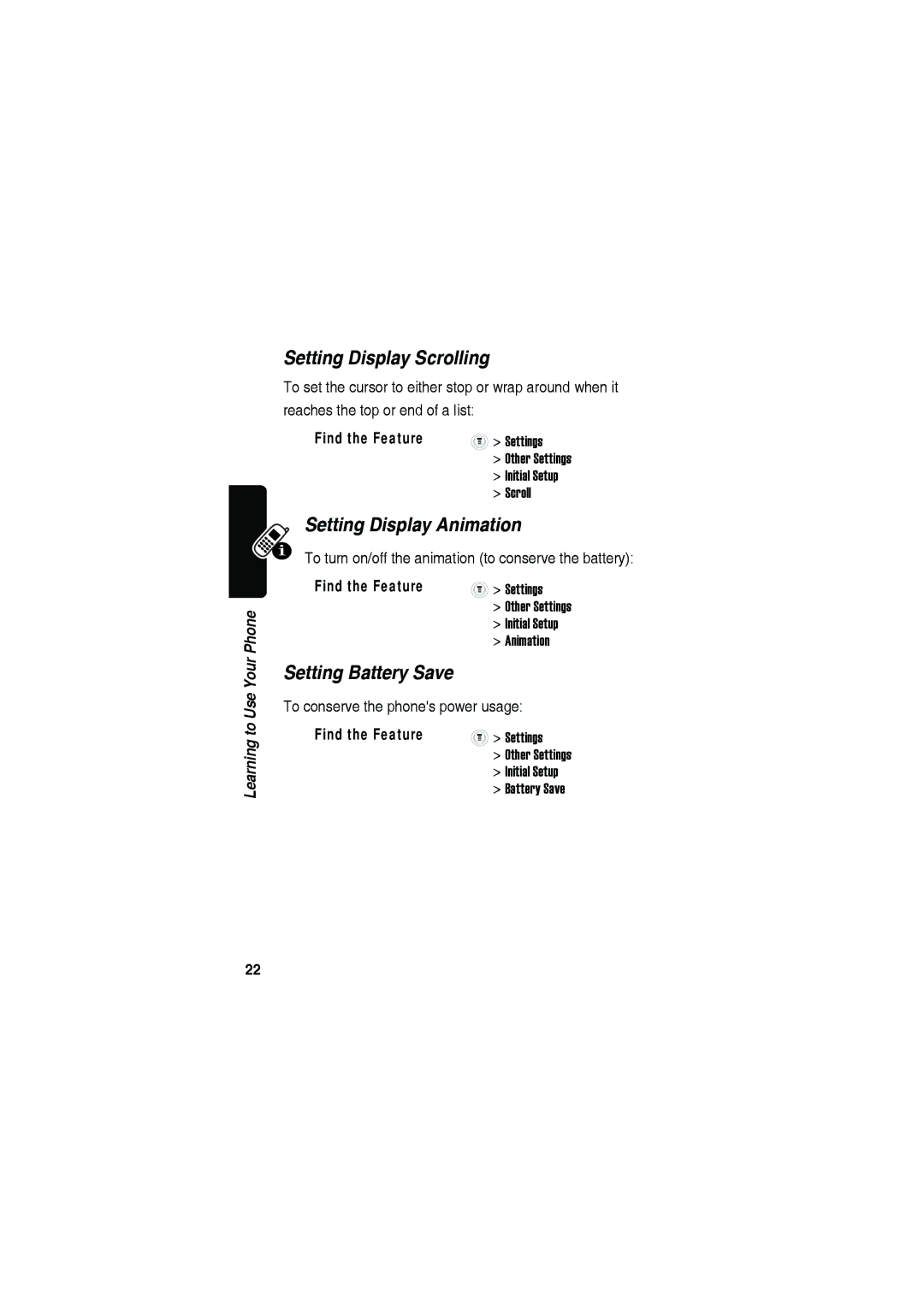 Motorola C115 manual Setting Display Scrolling, Setting Display Animation, Setting Battery Save 