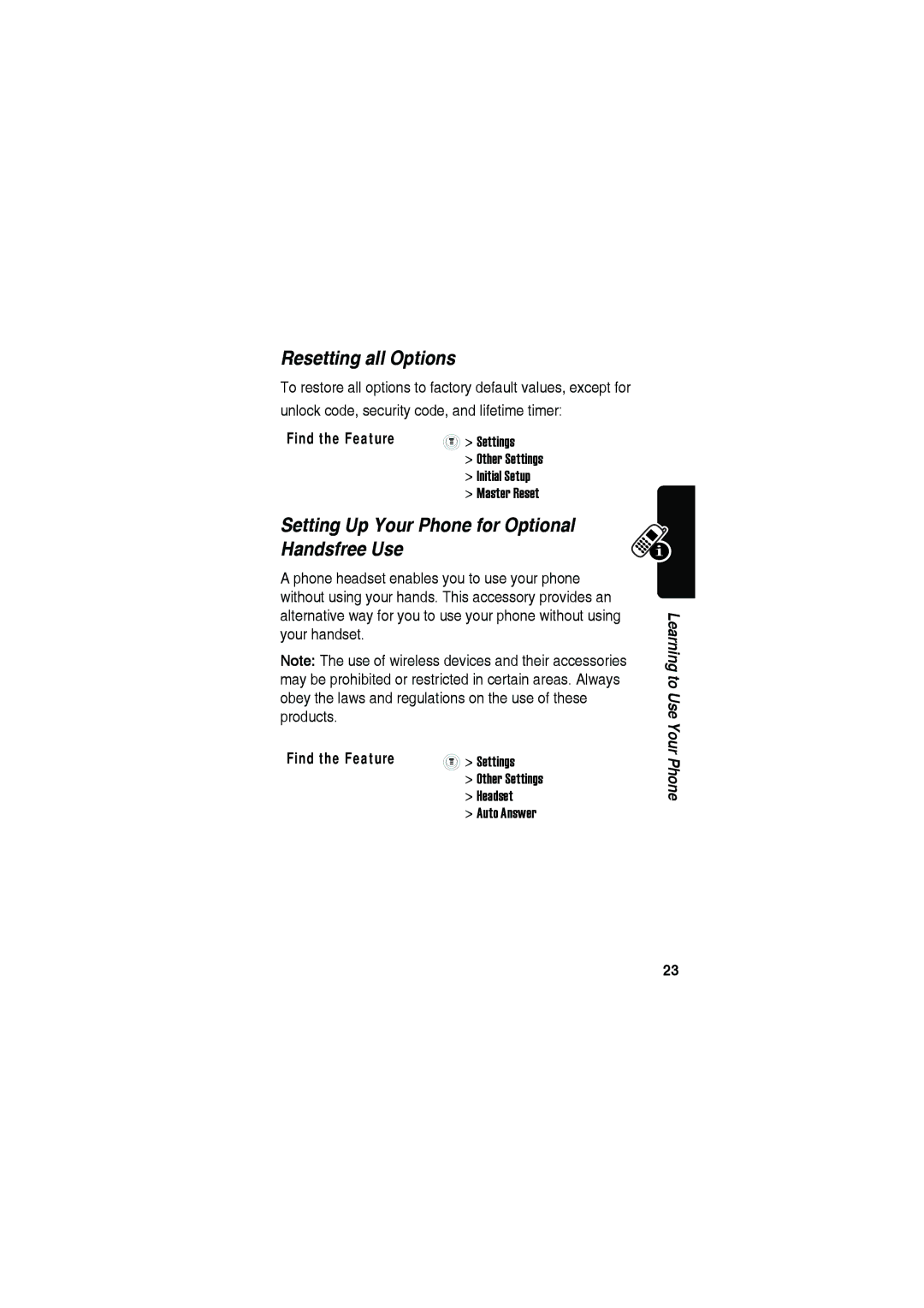 Motorola C115 manual Resetting all Options, Setting Up Your Phone for Optional Handsfree Use 