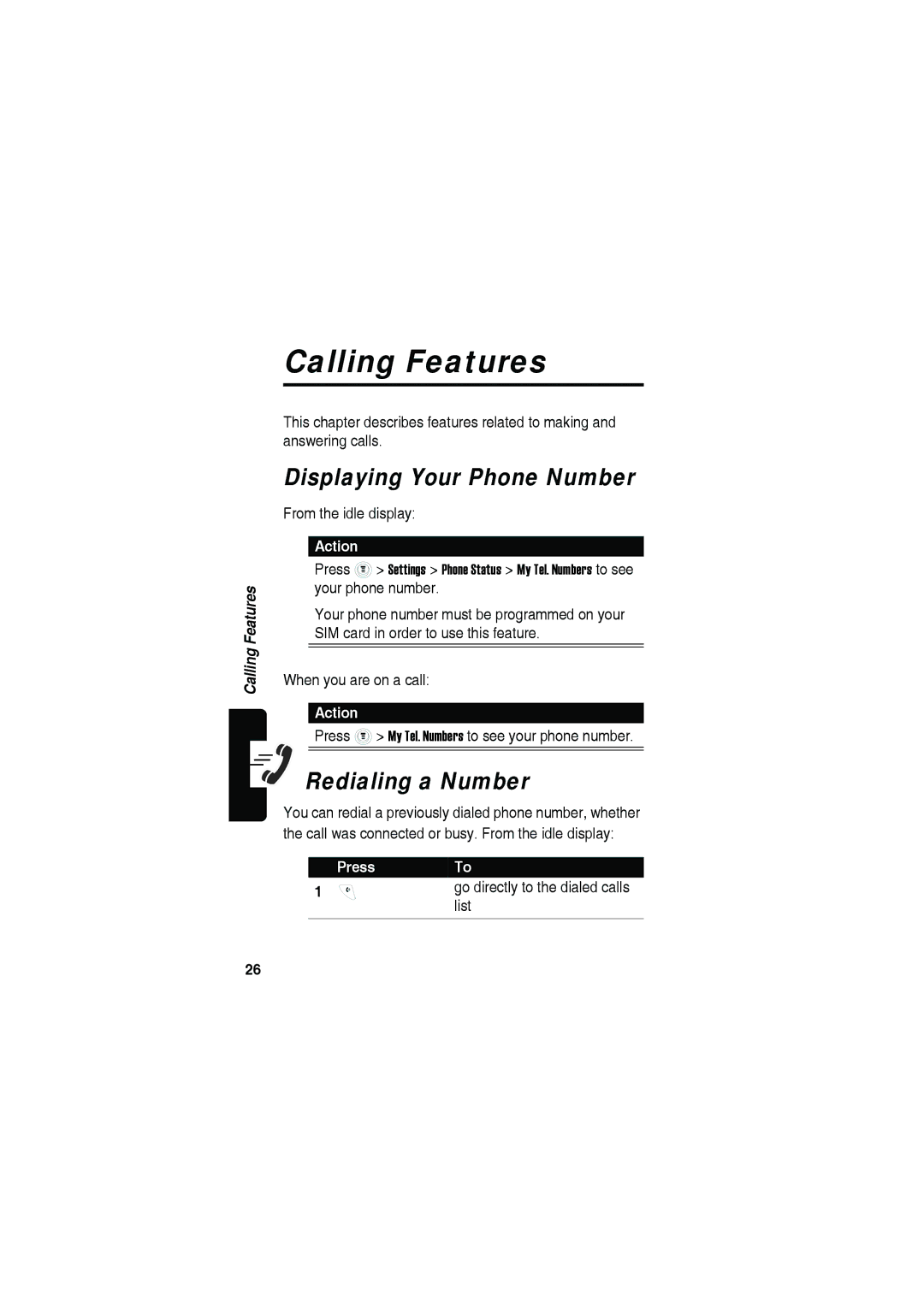 Motorola C115 manual Calling Features, Displaying Your Phone Number, Redialing a Number, List 