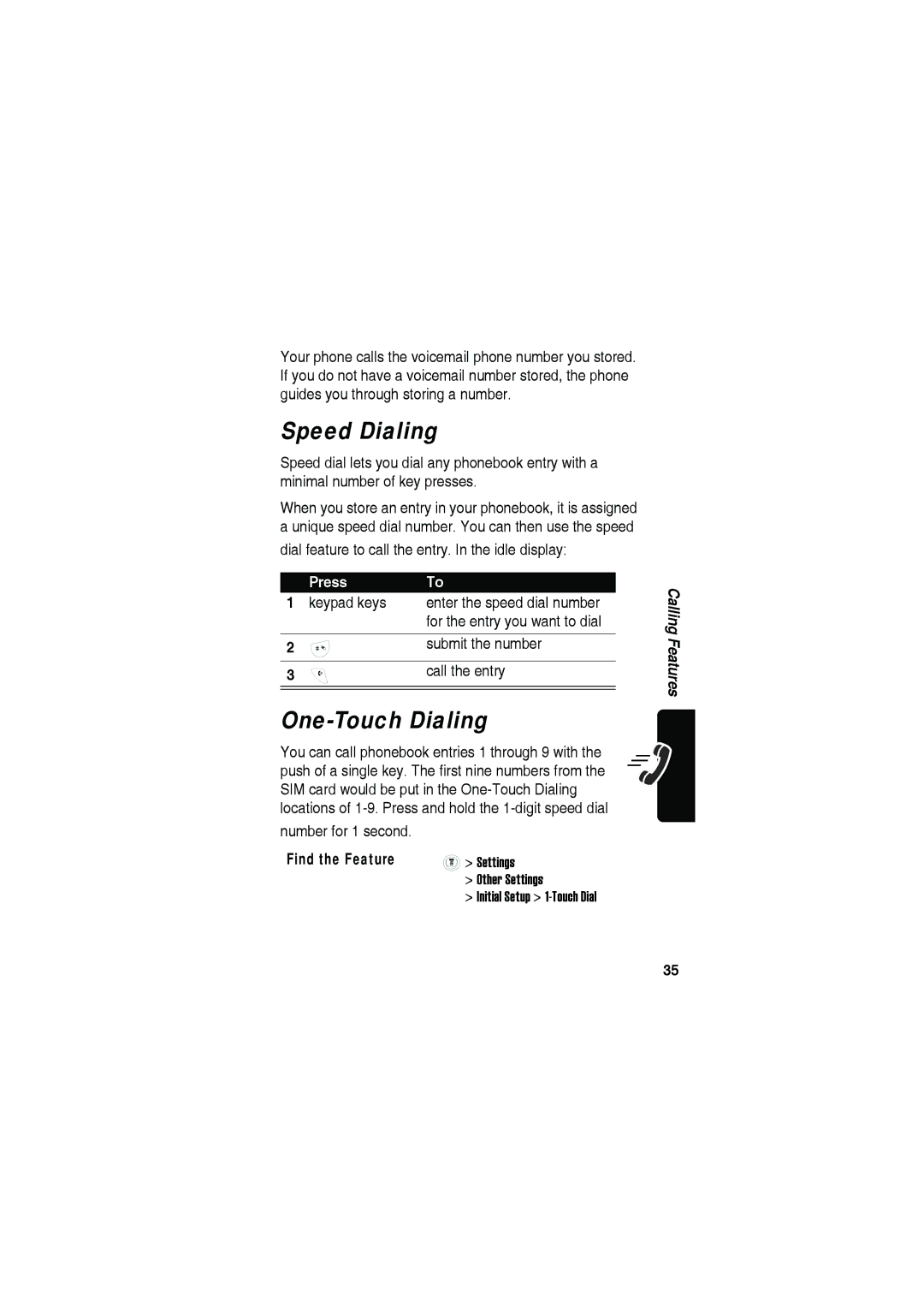 Motorola C115 manual Speed Dialing, One-Touch Dialing 