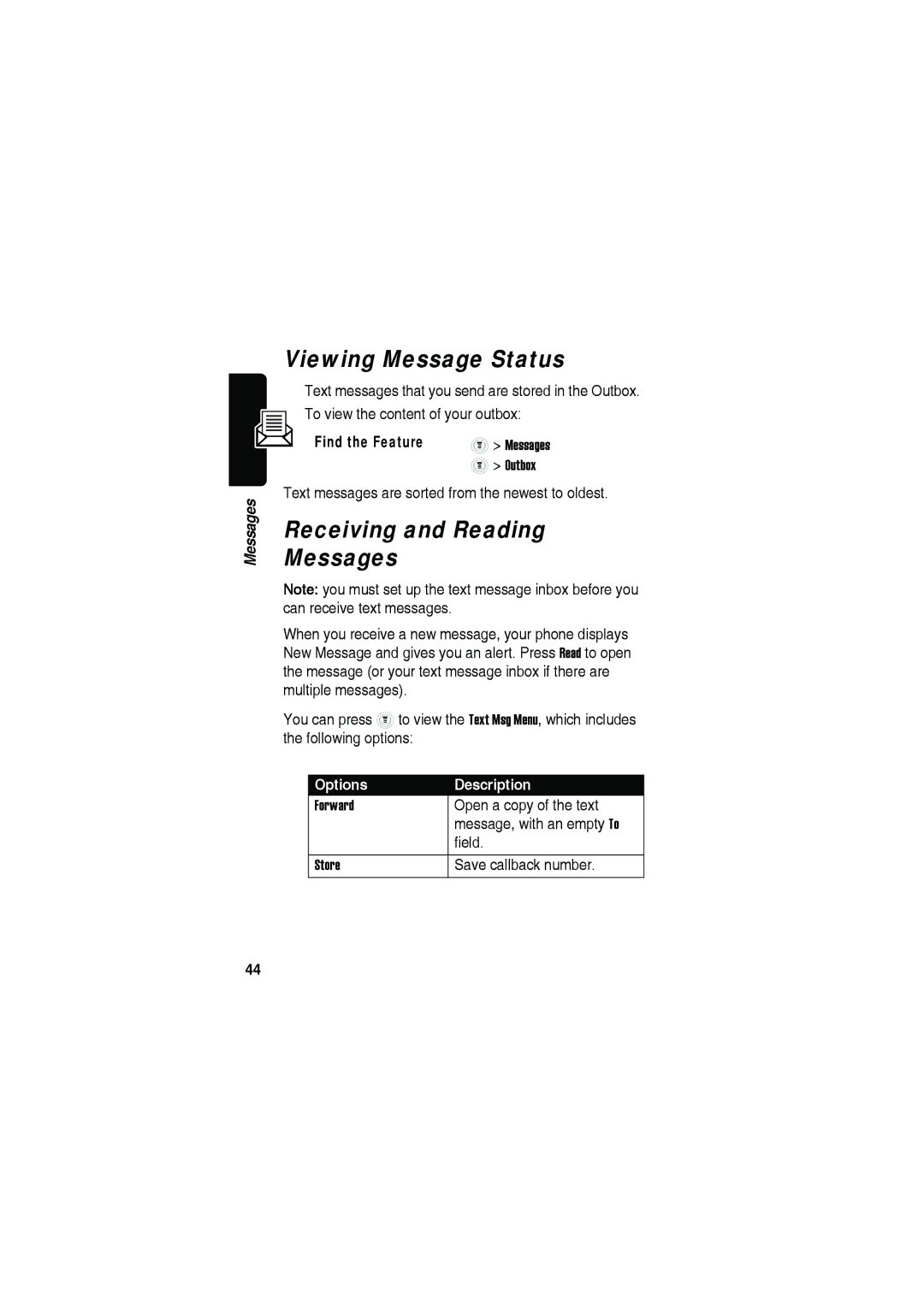 Motorola C115 manual Viewing Message Status, Receiving and Reading Messages, Options Description 