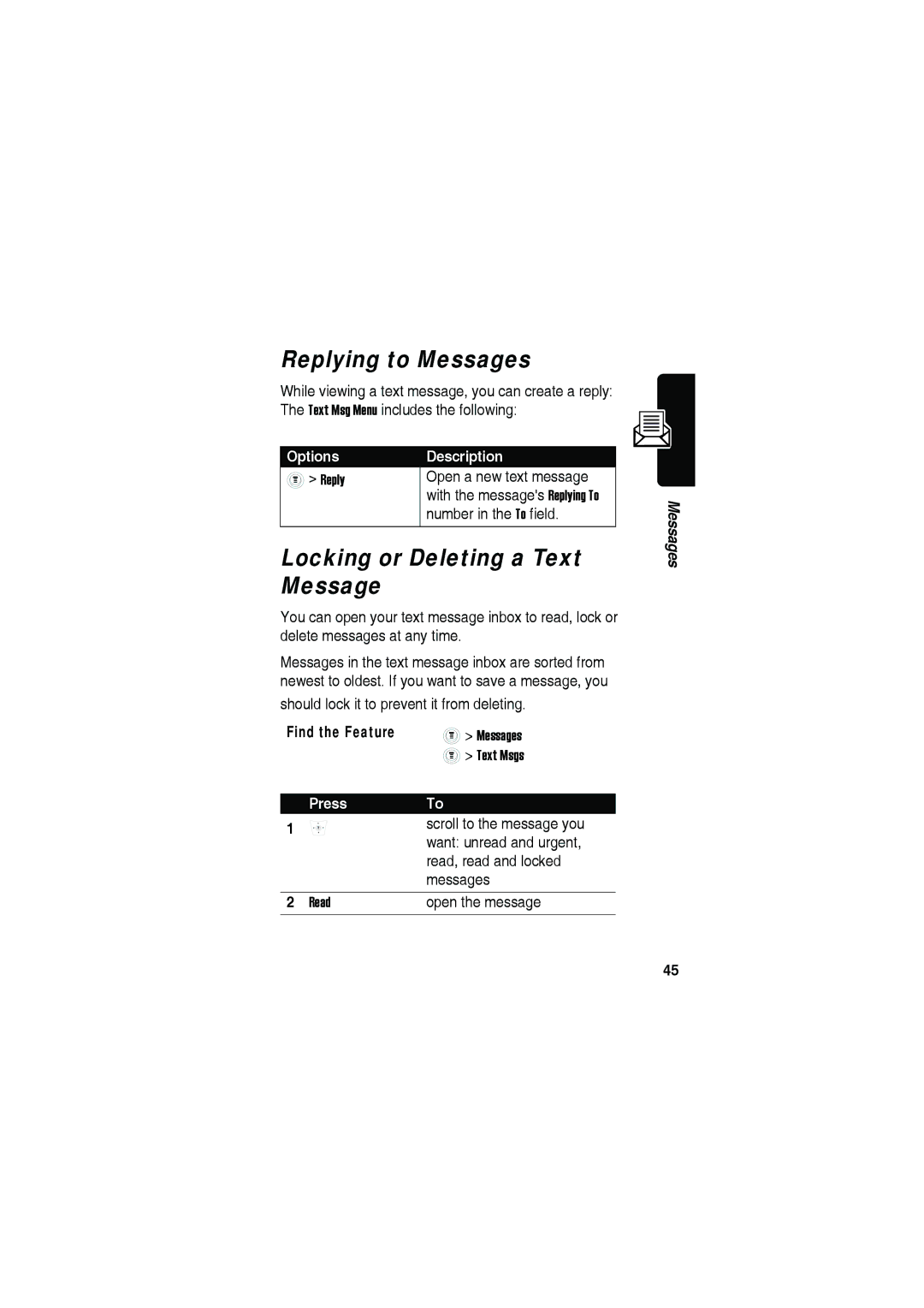 Motorola C115 manual Replying to Messages, Locking or Deleting a Text Message 