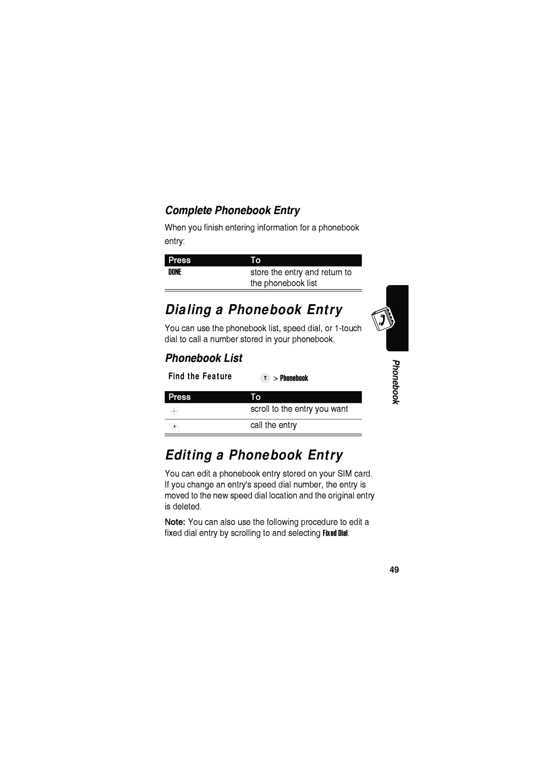 Motorola C115 Dialing a Phonebook Entry, Editing a Phonebook Entry, Complete Phonebook Entry, Phonebook List, PressTo 