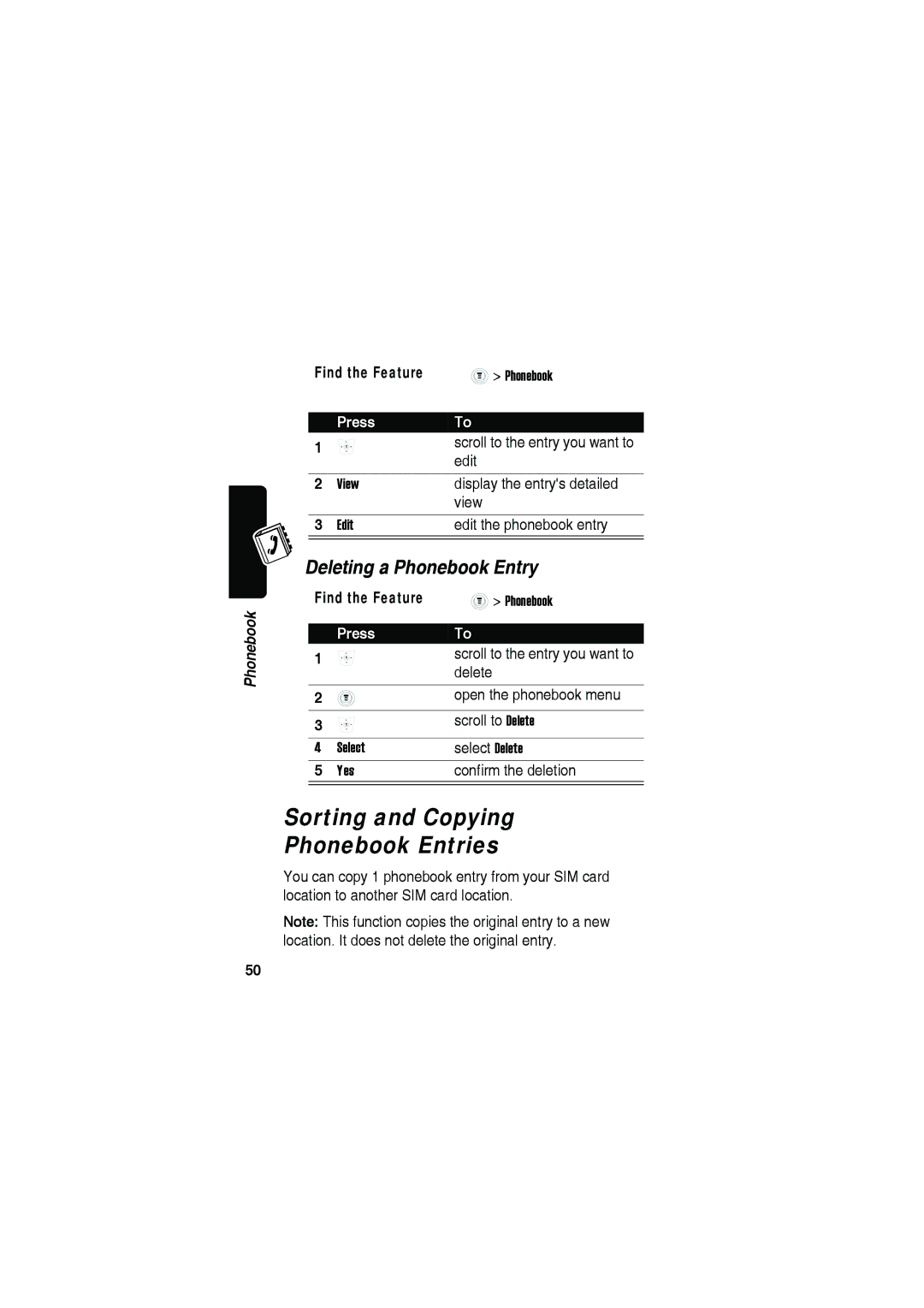 Motorola C115 manual Sorting and Copying Phonebook Entries, Deleting a Phonebook Entry 