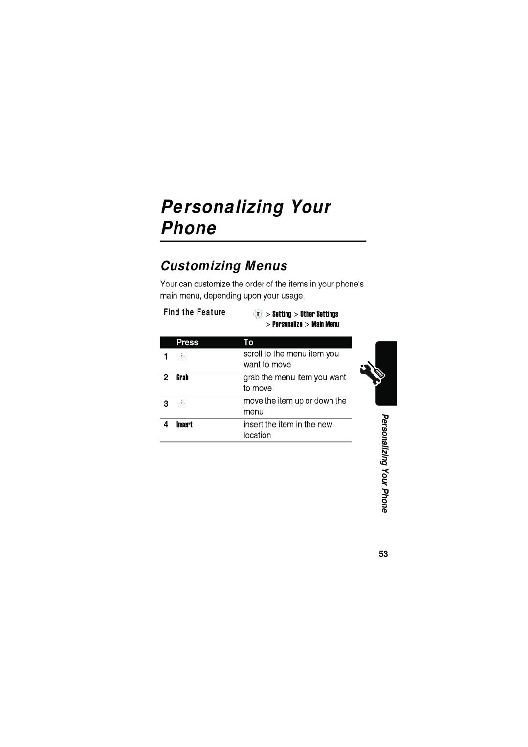 Motorola C115 manual Personalizing Your Phone, Customizing Menus 