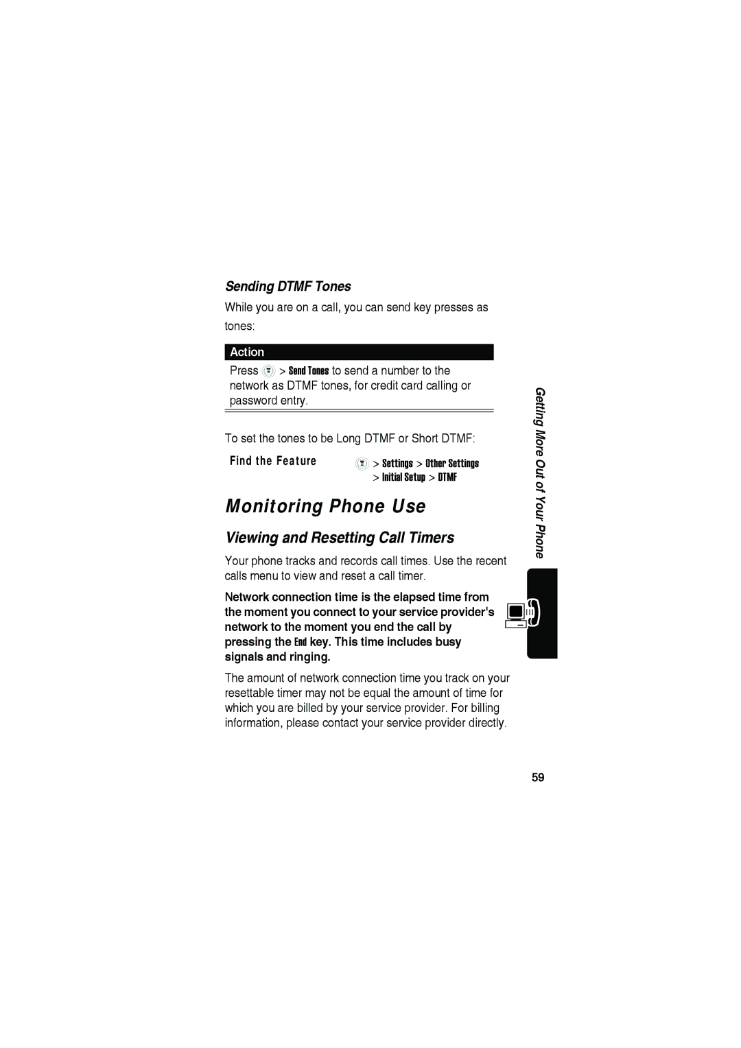 Motorola C115 manual Monitoring Phone Use, Viewing and Resetting Call Timers, Sending Dtmf Tones 