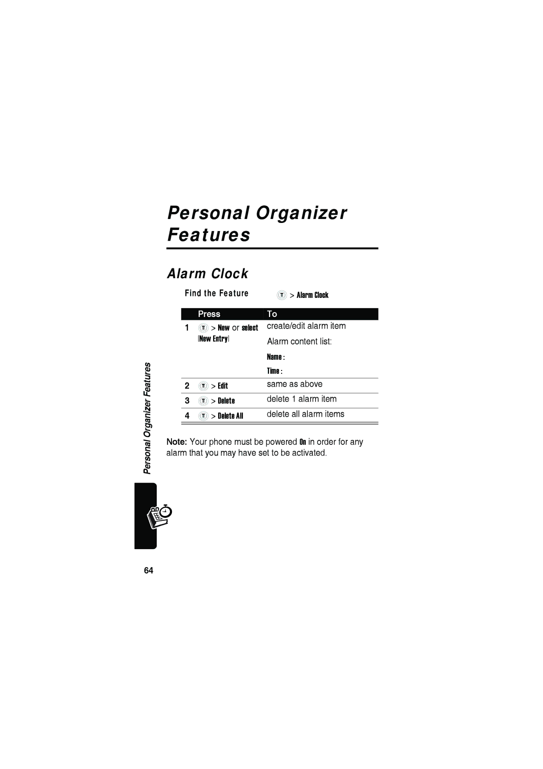 Motorola C115 manual Personal Organizer Features, Alarm Clock 