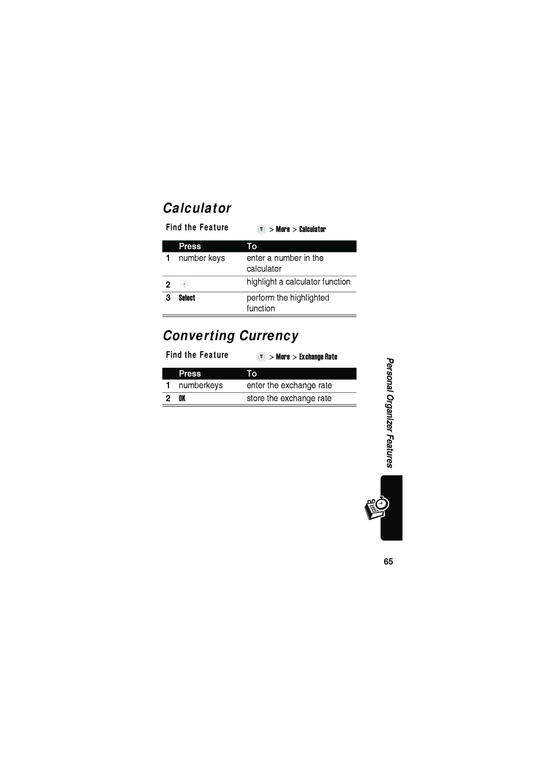 Motorola C115 manual Calculator, Converting Currency 