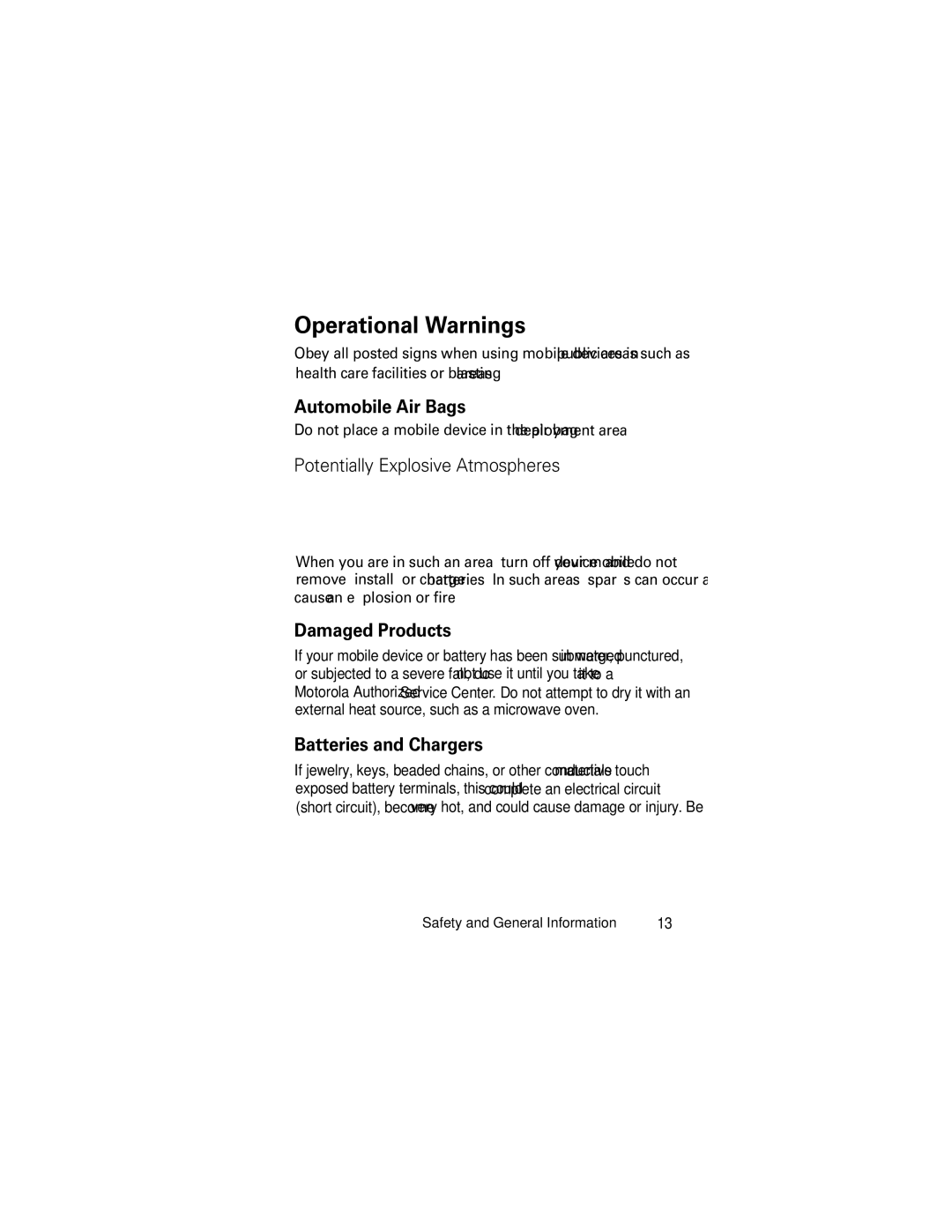 Motorola C118 manual Operational Warnings, Potentially Explosive Atmospheres 