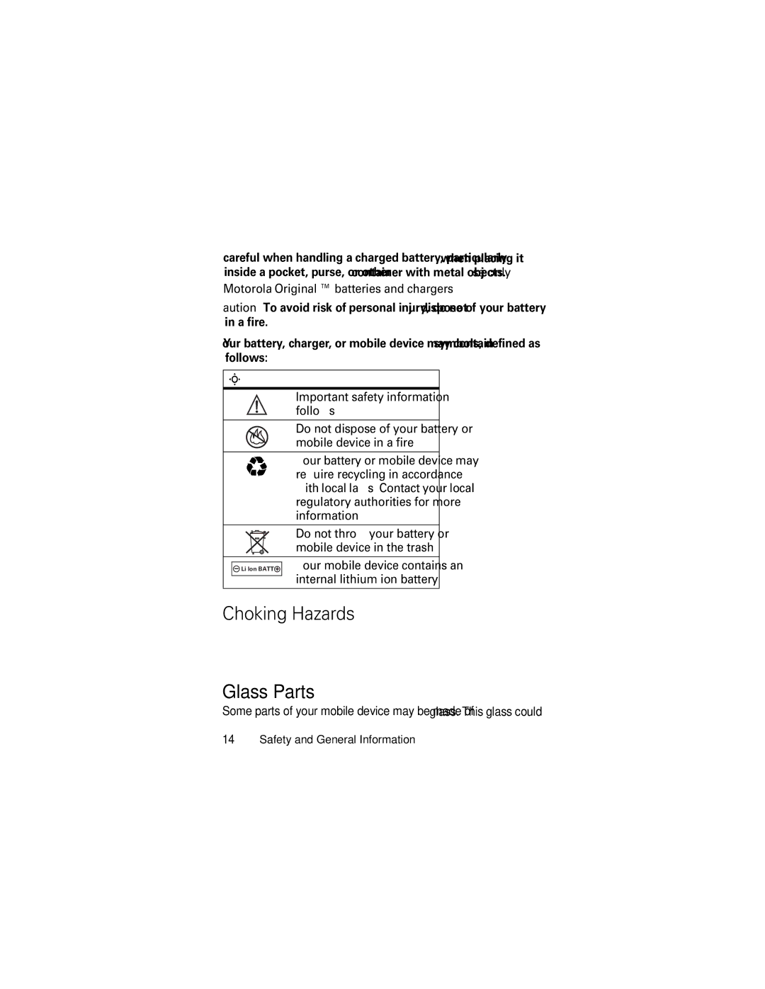 Motorola C118 manual Choking Hazards, Glass Parts, Motorola Original batteries and chargers, Symbol Definition 