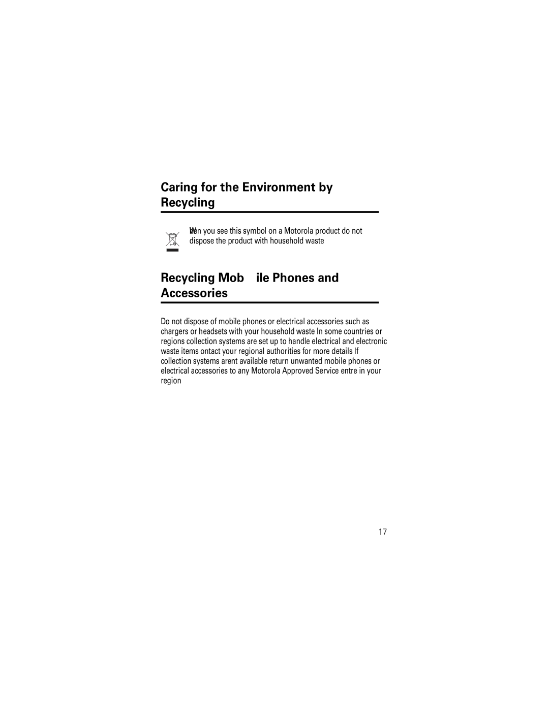 Motorola C118 manual Caring for the Environment by Recycling 