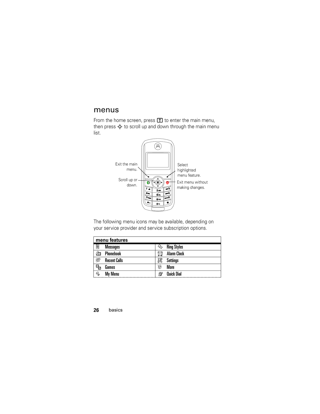 Motorola C118 manual Menus, Menu features 