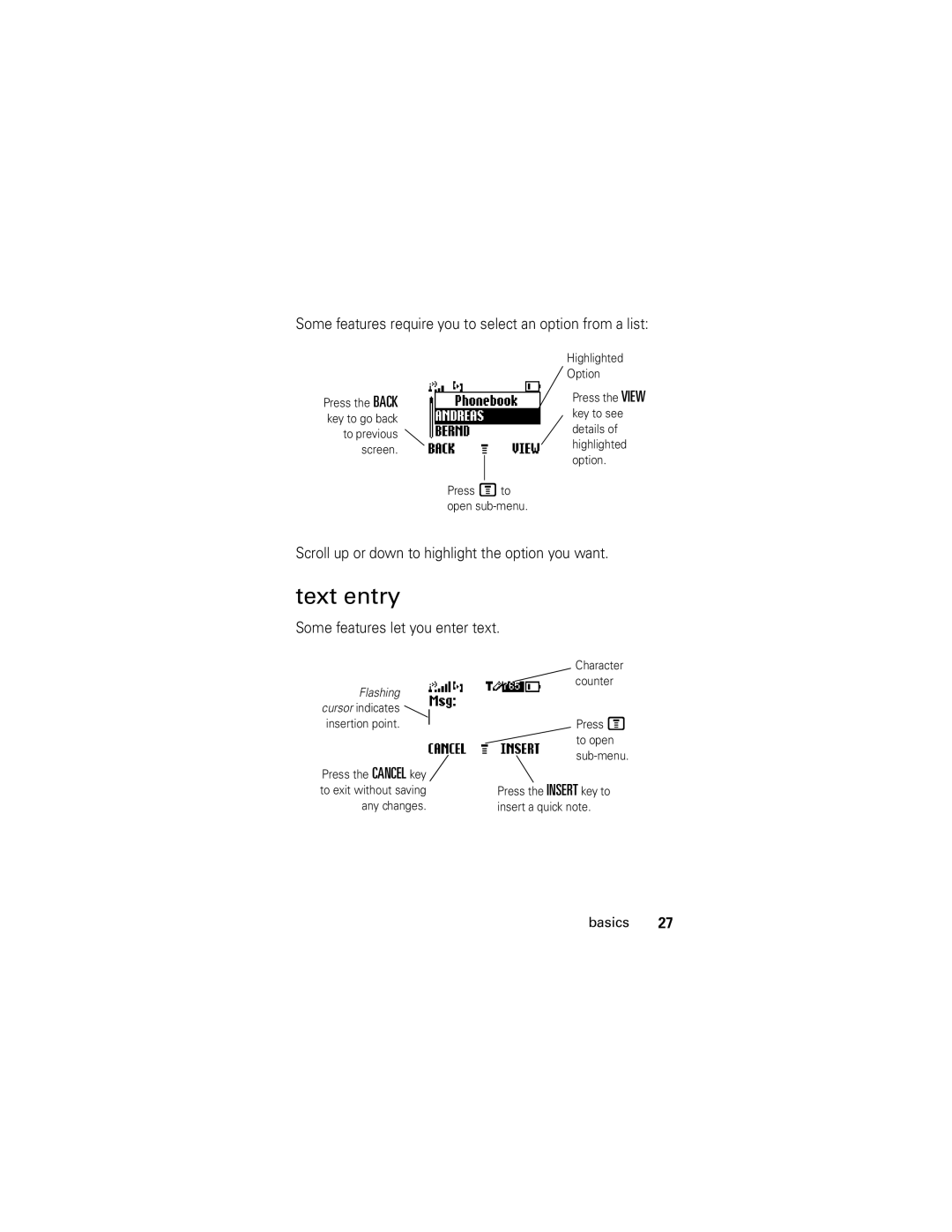 Motorola C118 manual Text entry, Some features require you to select an option from a list 