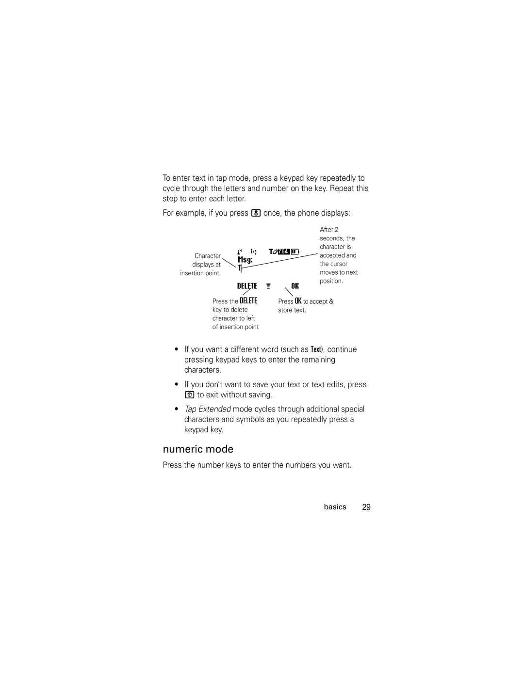 Motorola C118 manual Numeric mode, Insertion point 