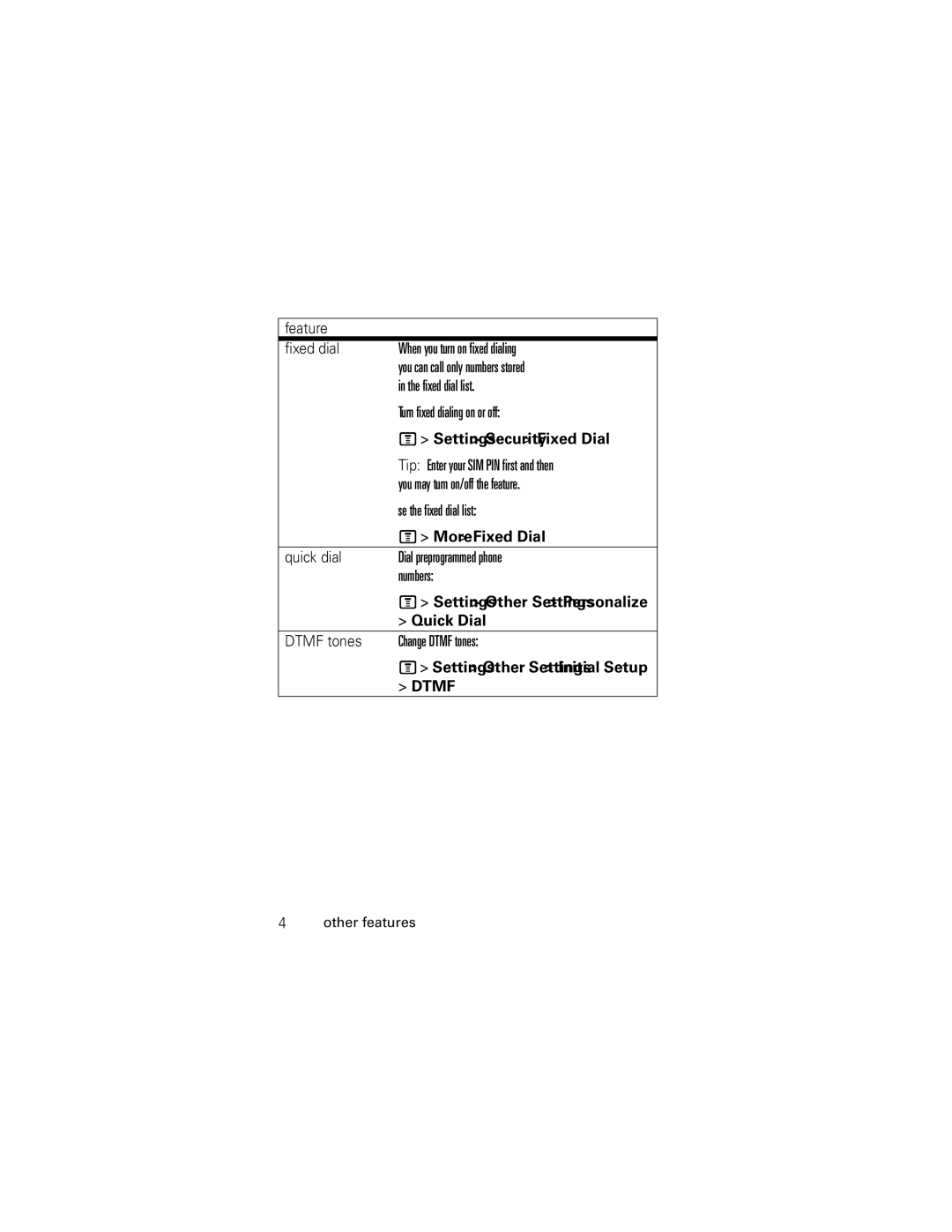 Motorola C118 manual Feature Fixed dial, Quick dial, Dtmf tones 