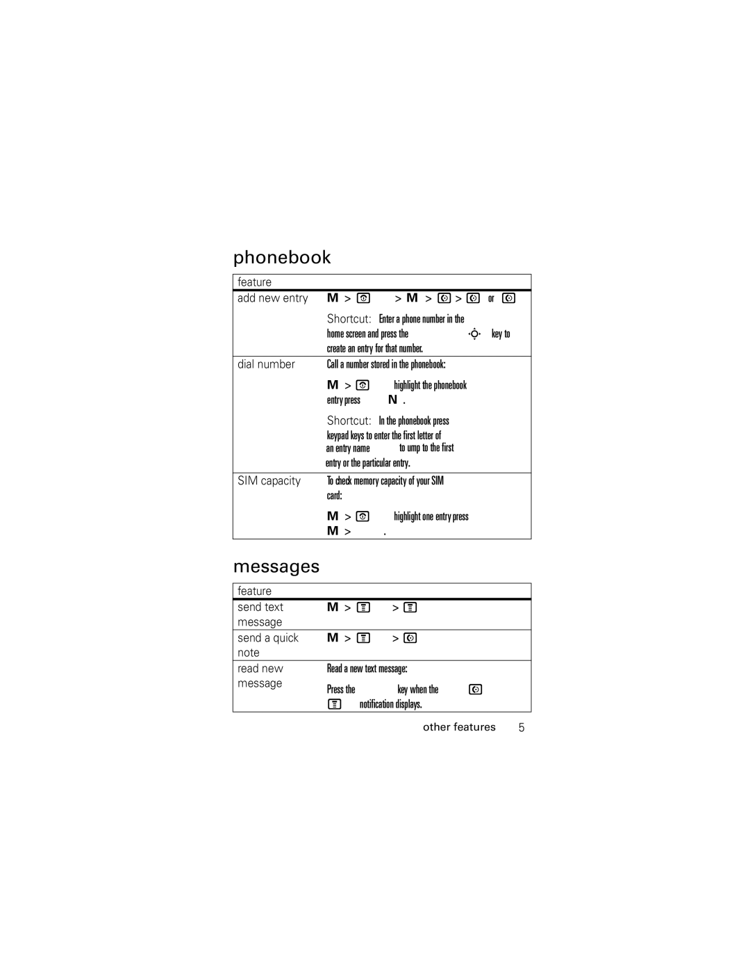 Motorola C118 manual Phonebook, Messages, Feature 