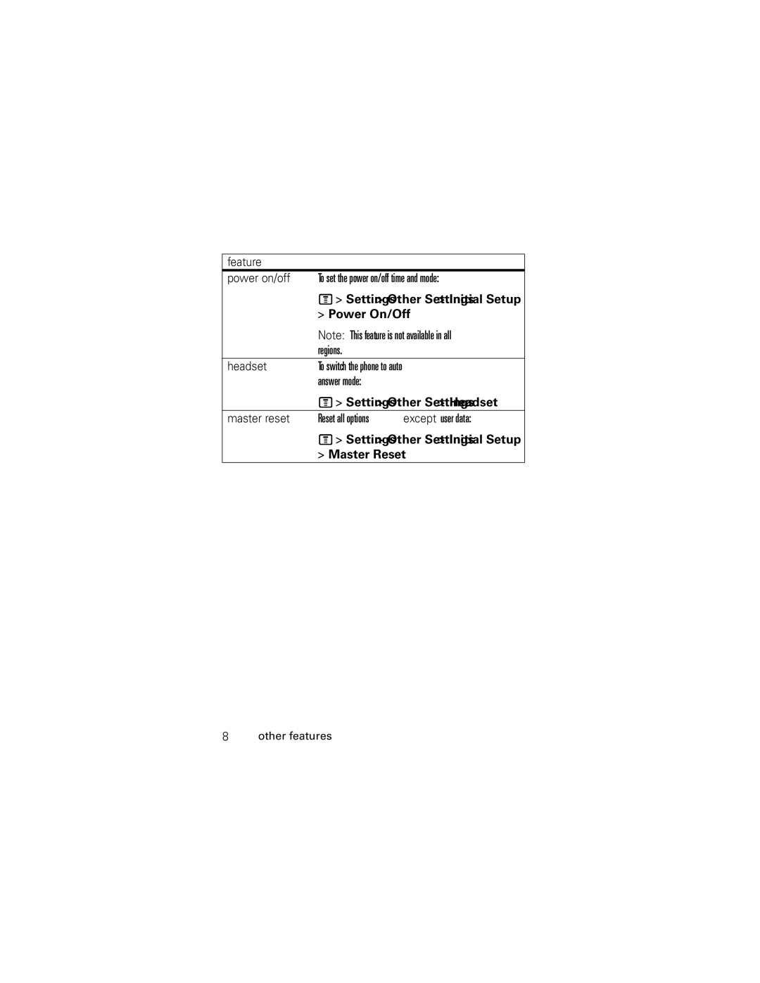 Motorola C118 manual Feature Power on/off, Headset, Master reset 