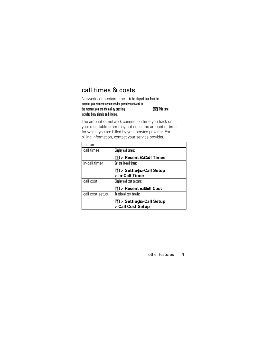 Motorola C118 manual Call times & costs, Feature Call times, In-call timer, Call cost setup 