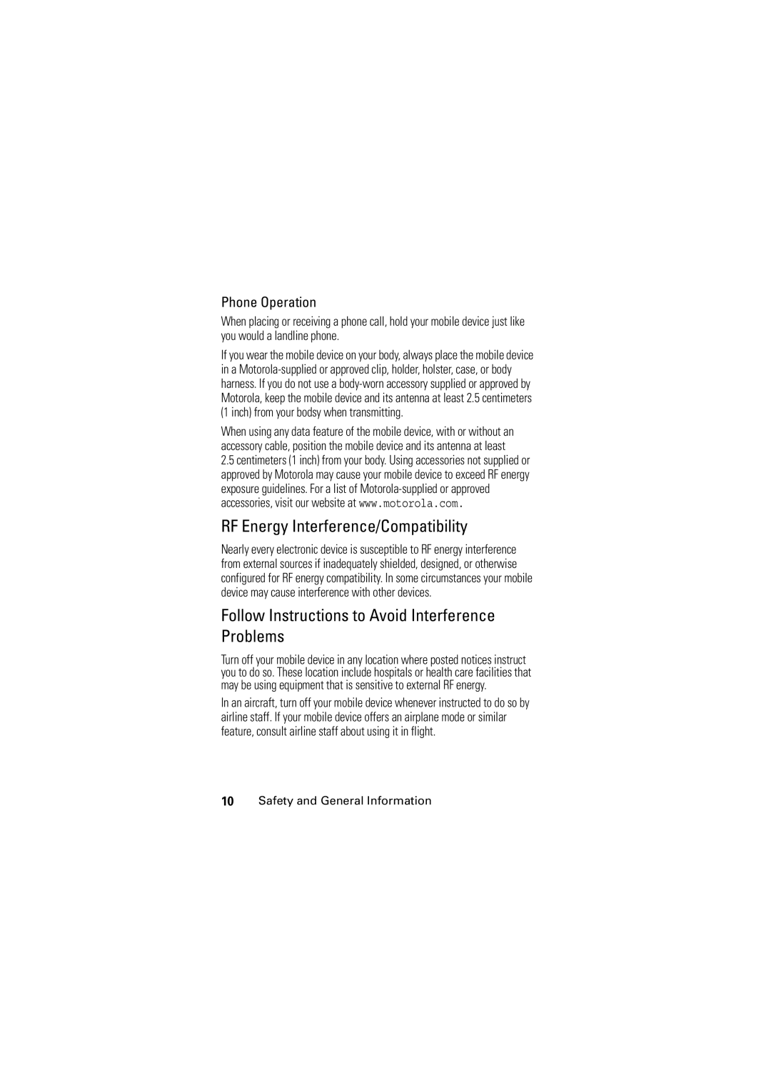 Motorola C123 RF Energy Interference/Compatibility, Follow Instructions to Avoid Interference Problems, Phone Operation 