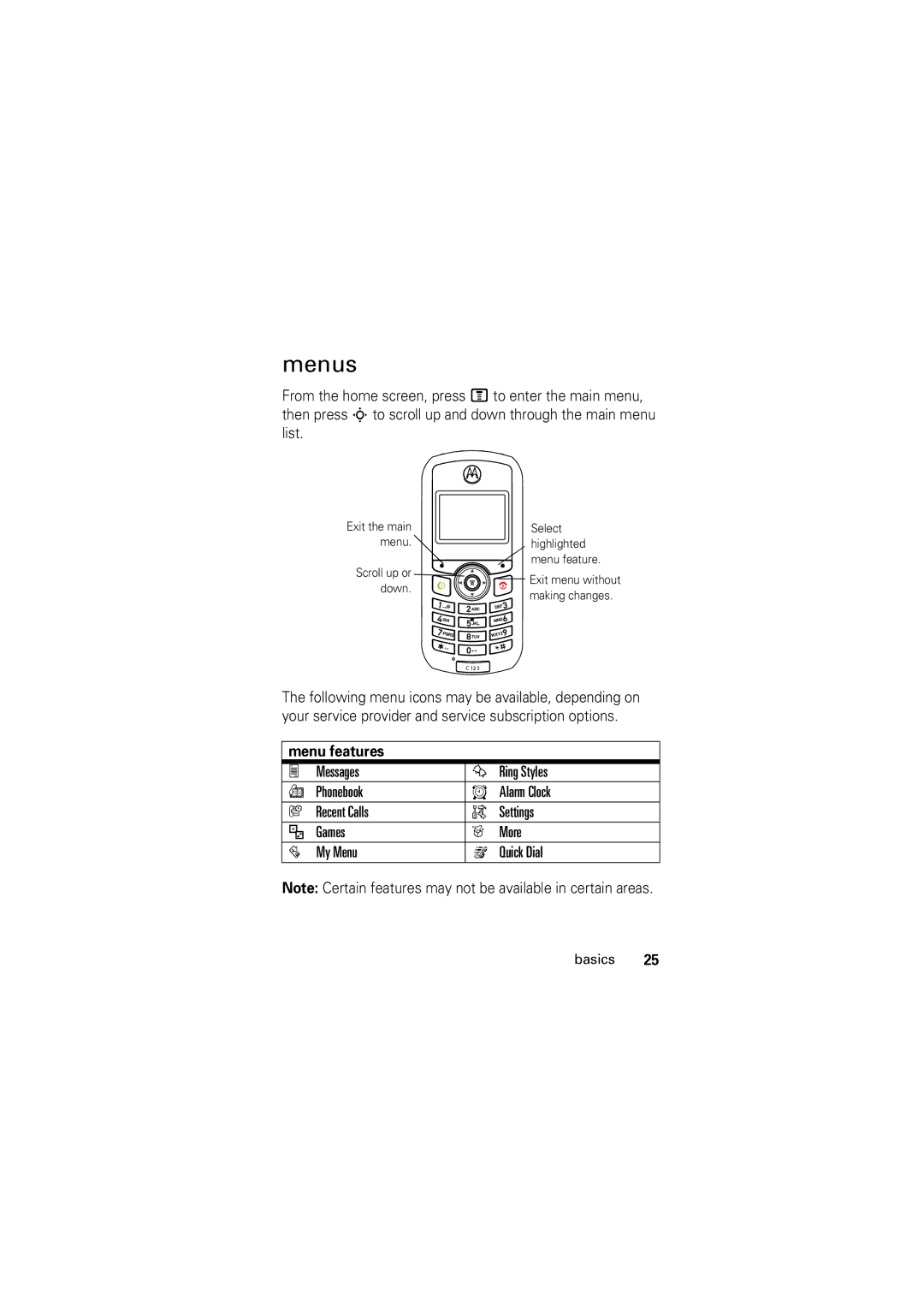 Motorola C123 manual Menus, Menu features 