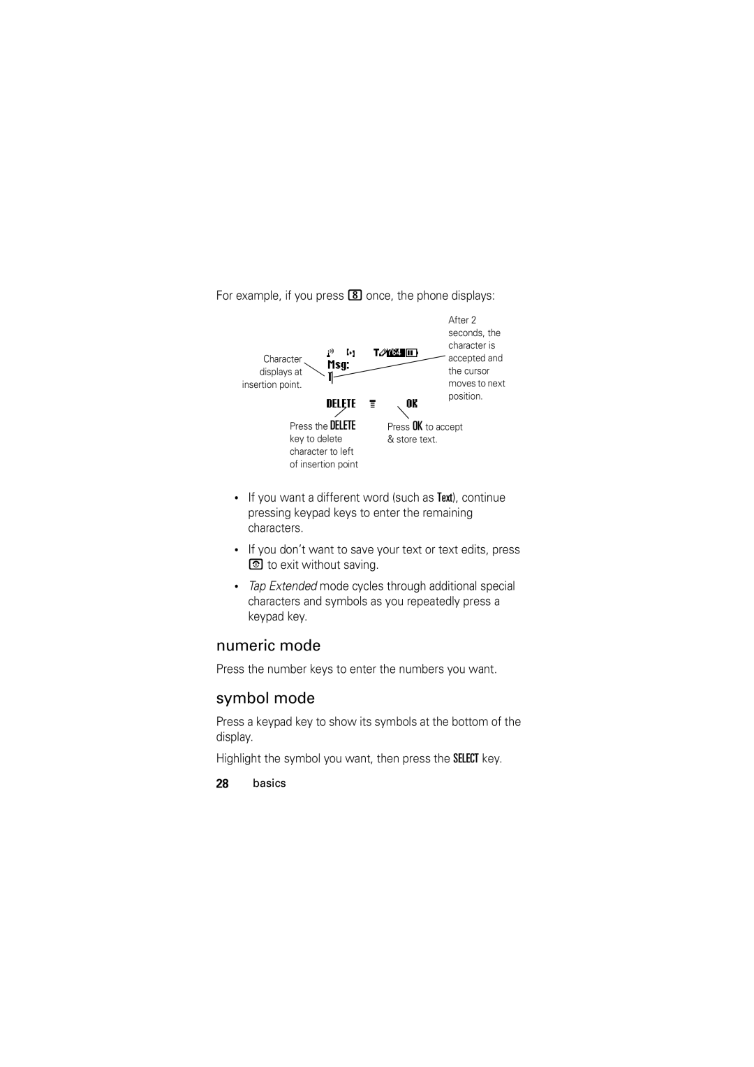 Motorola C123 manual Numeric mode, Symbol mode 