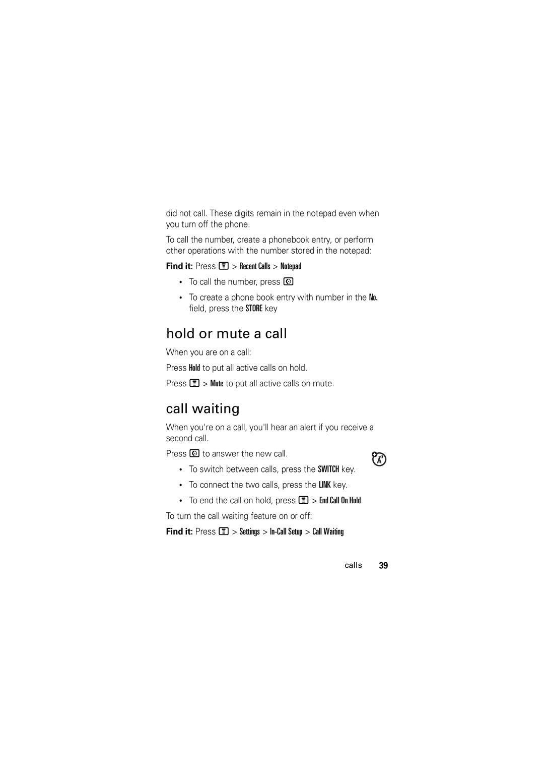 Motorola C123 manual Hold or mute a call, Call waiting 